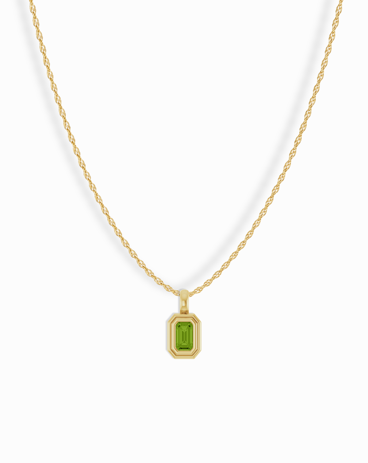 14k Birthstone Pendant Necklace featuring a rectangular green gemstone in a gold bezel setting on a gold chain.