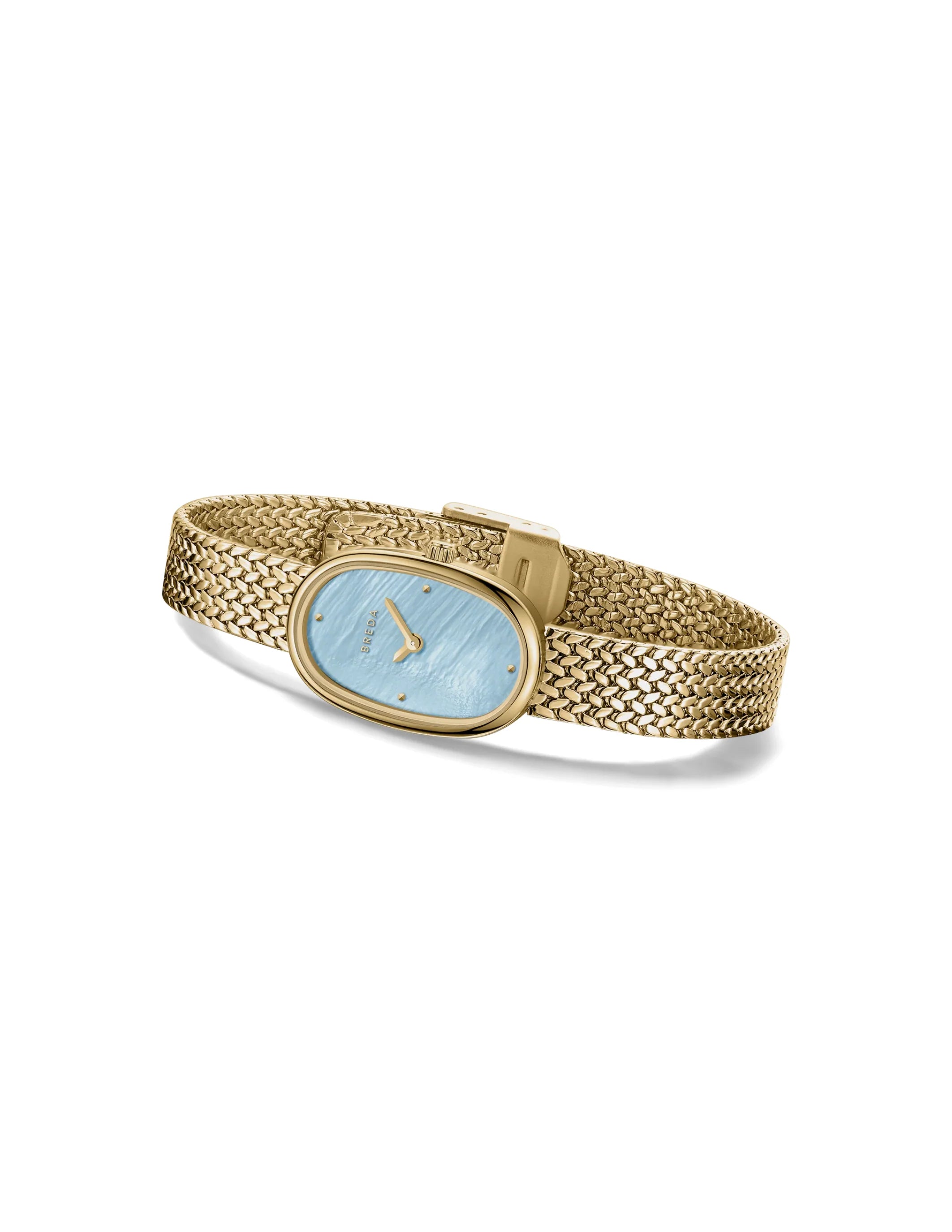 The Jane Watch Small (Tethered) by Breda features a gold-plated woven mesh band and an oval mother of pearl dial, shown at an angle on a white background.