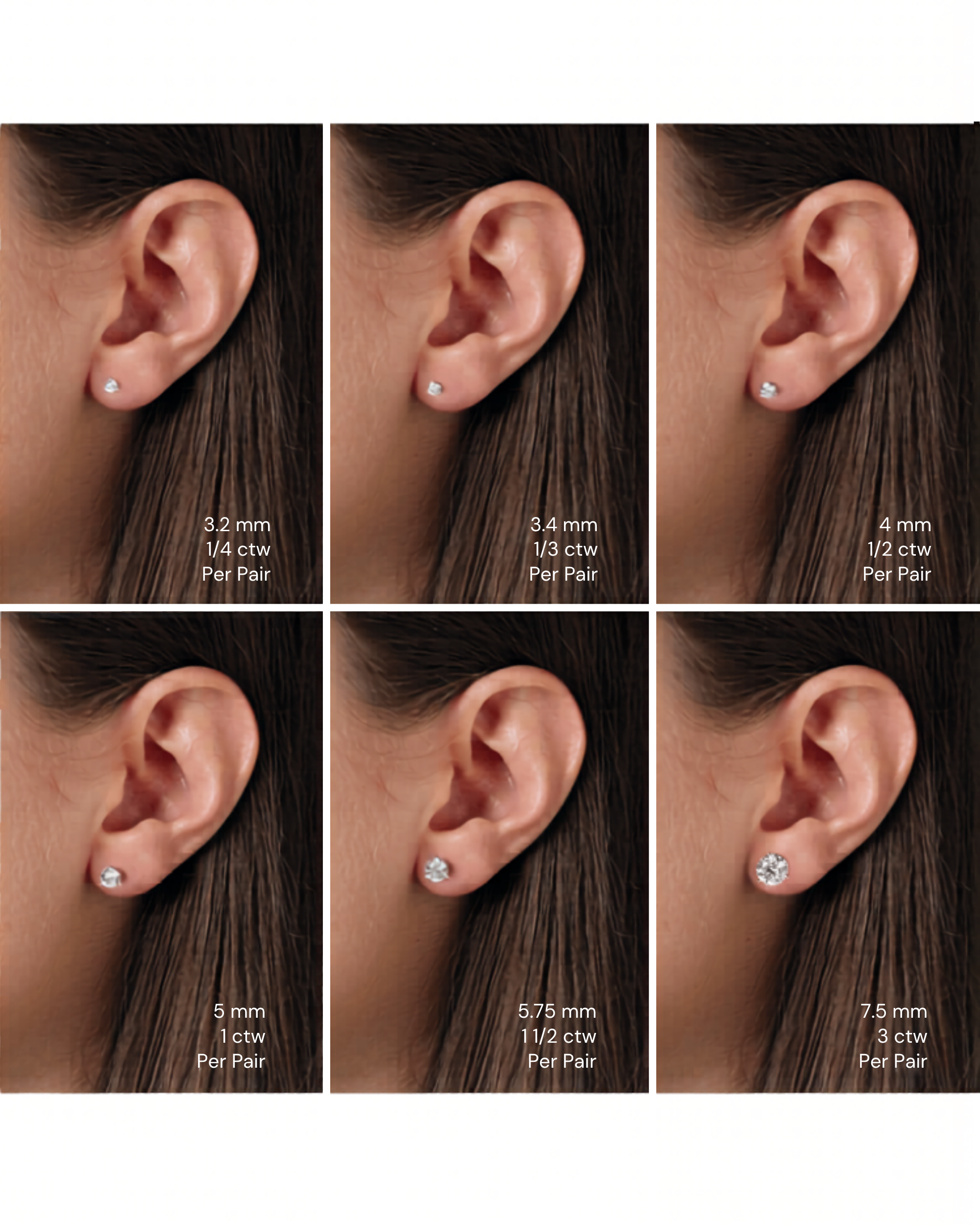 Six panels display Mod + Jo 14k Diamond Stud Earrings, featuring lab-grown diamonds from 3.2 mm to 7.5 mm, each worn on ears and labeled with size and carat weight to show how different stud sizes appear.