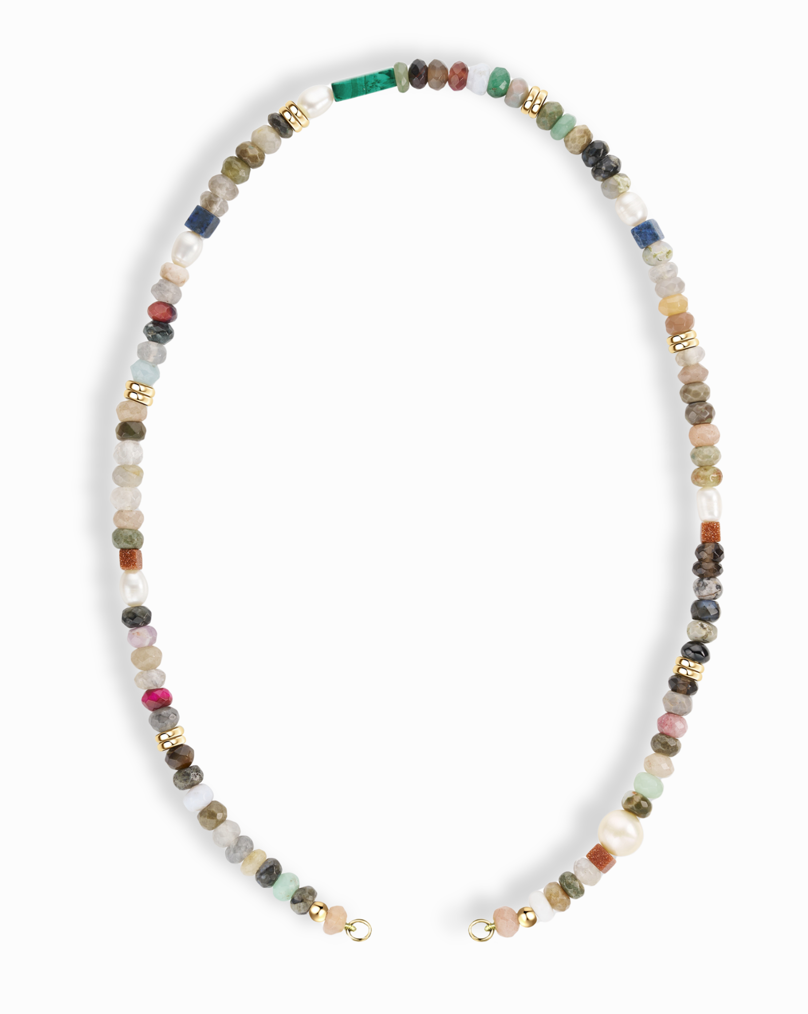 The Andy Gemstone Enhancer Chain by Mod + Jo features small, round multicolored beads, genuine gemstones, gold-toned accents, and a single large pearl. Displayed in an oval on a white background.