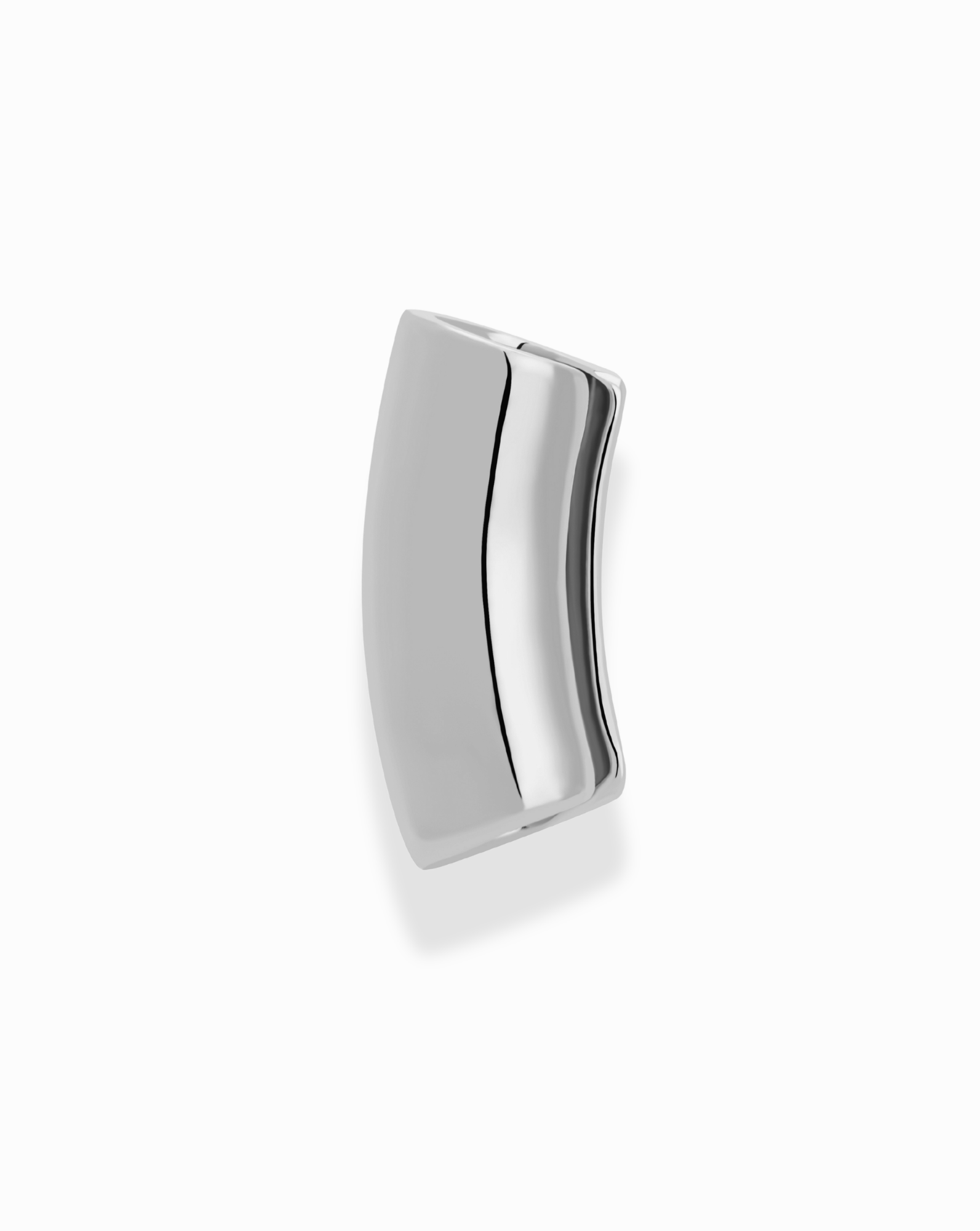 The *Preorder* Lennon Tube Helix Ear Cuff by Mod + Jo is a sleek, minimalist, curved silver accessory with smooth edges and a reflective finish—no piercing needed. Styled against a plain white background.