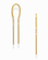 The Mila Smooth Threader Huggies by Mod + Jo are modern 14k gold hoop earrings featuring a unique curved design: one earring showcases two vertical dangling bars, while the other presents a single vertical bar. These nickel-free earrings are displayed on a white background.