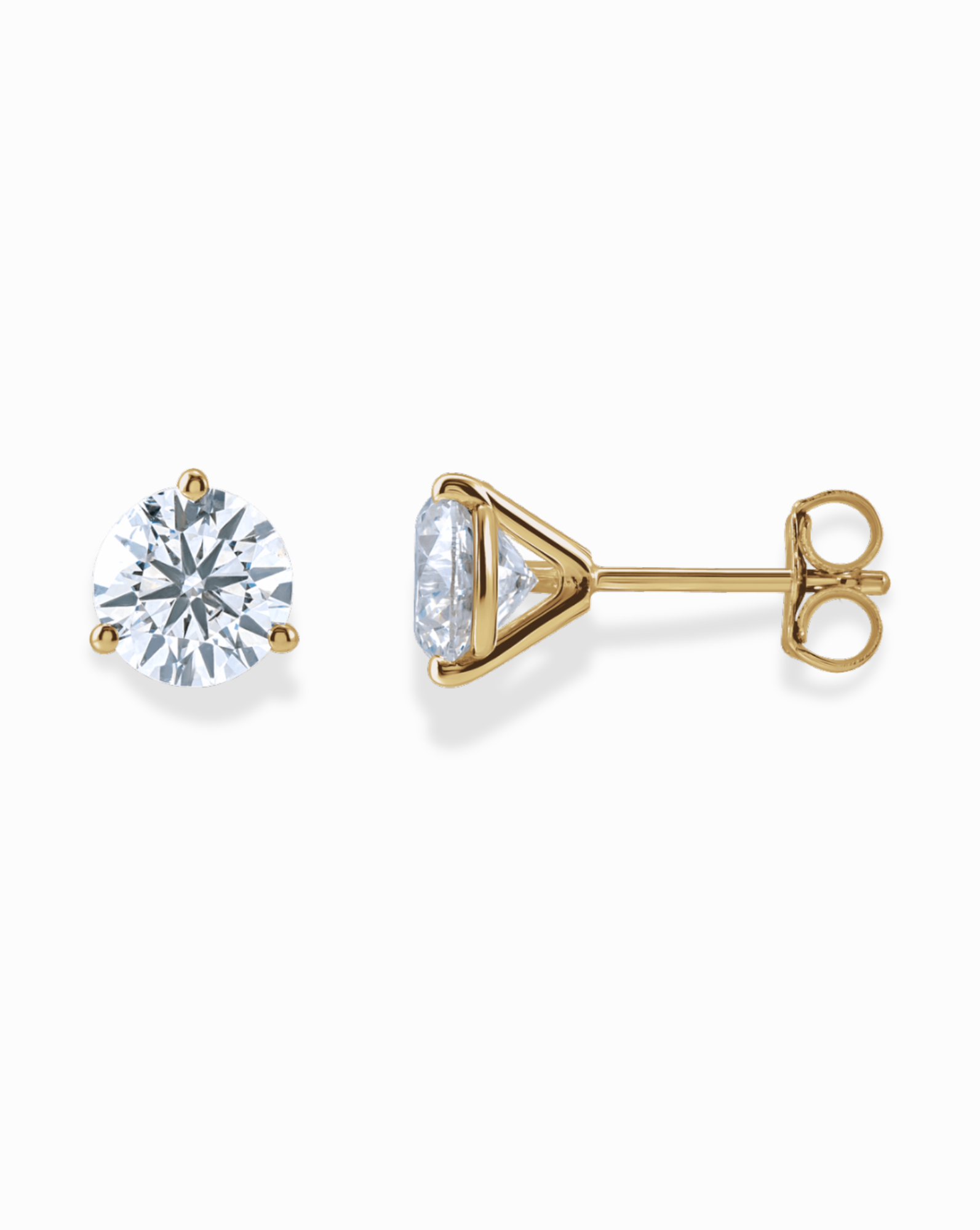 Mod + Jo 14k Diamond Stud Earrings, crafted in 14k gold and set with a single round-cut lab-grown diamond in a prong setting, are displayed from front and side views against a white background.