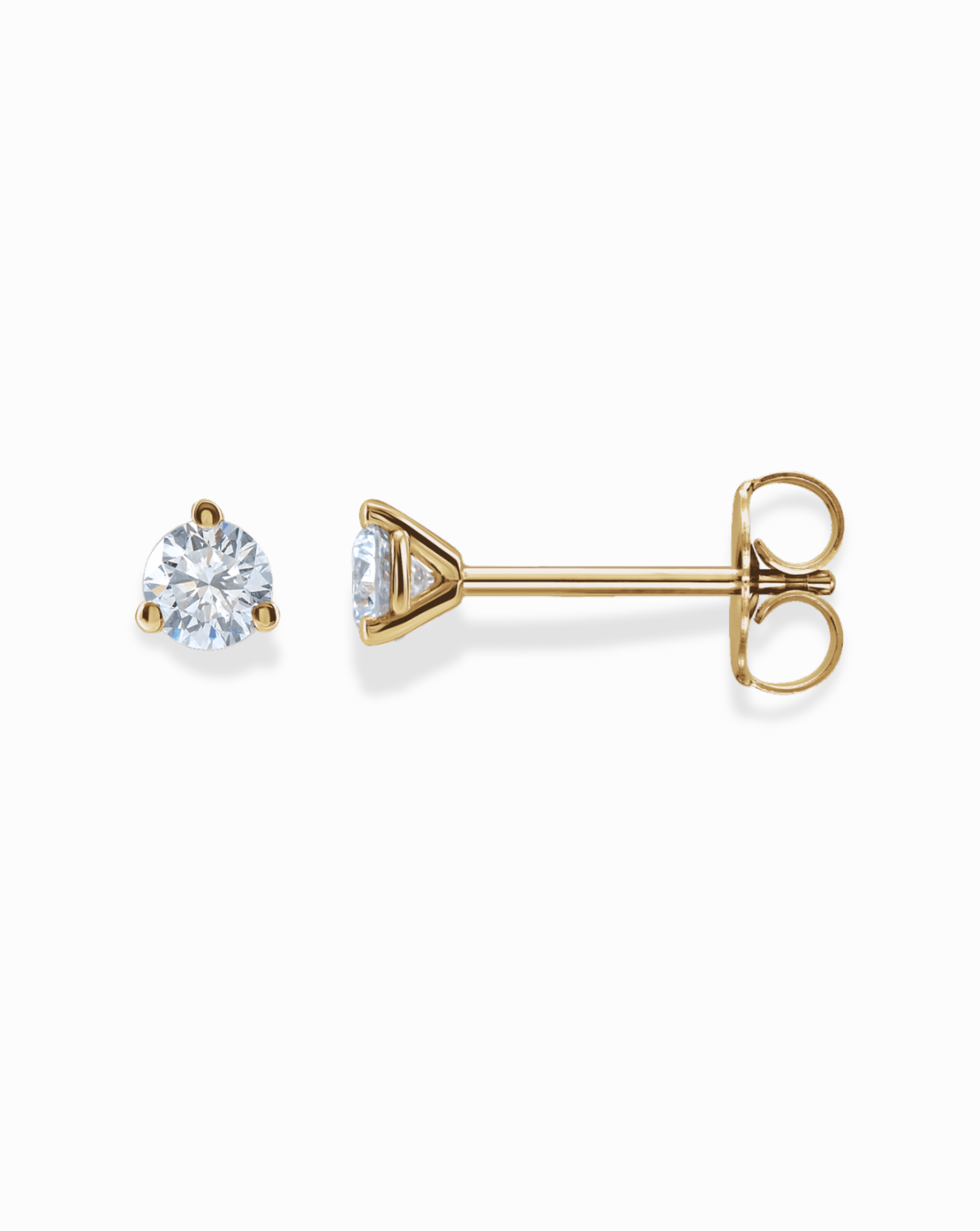 Mod + Jo’s 14k Diamond Stud Earrings showcase round, lab-grown diamonds in three-prong 14k gold settings, displayed from the front and side on a white background.
