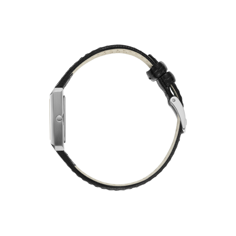 A side view of the Virgil Watch Small (Lizard Embossed) by Breda shows its slim stainless steel case in silver and a black lizard-embossed leather band, set against a plain white background. The watch face is not visible.