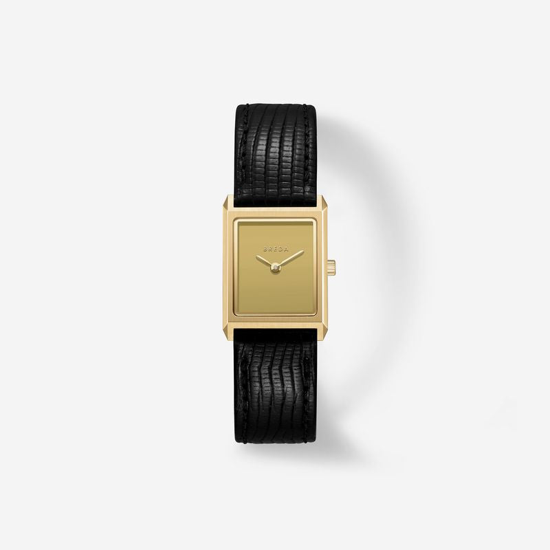 The Virgil Watch Small (Lizard Embossed) by Breda is a minimalist vintage timepiece with a gold-tone stainless steel rectangular case, plain dial, and black lizard-embossed leather band, elegantly shown on a white background.