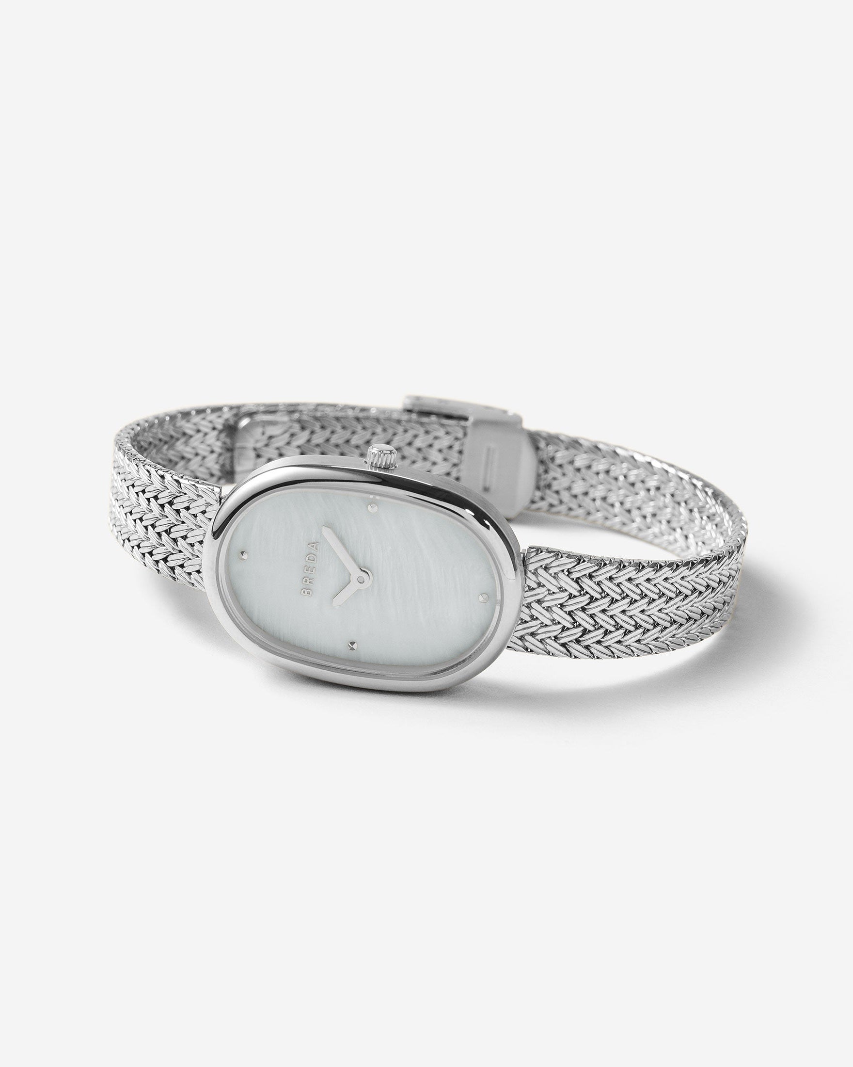 Silver watch with mesh band on a white background