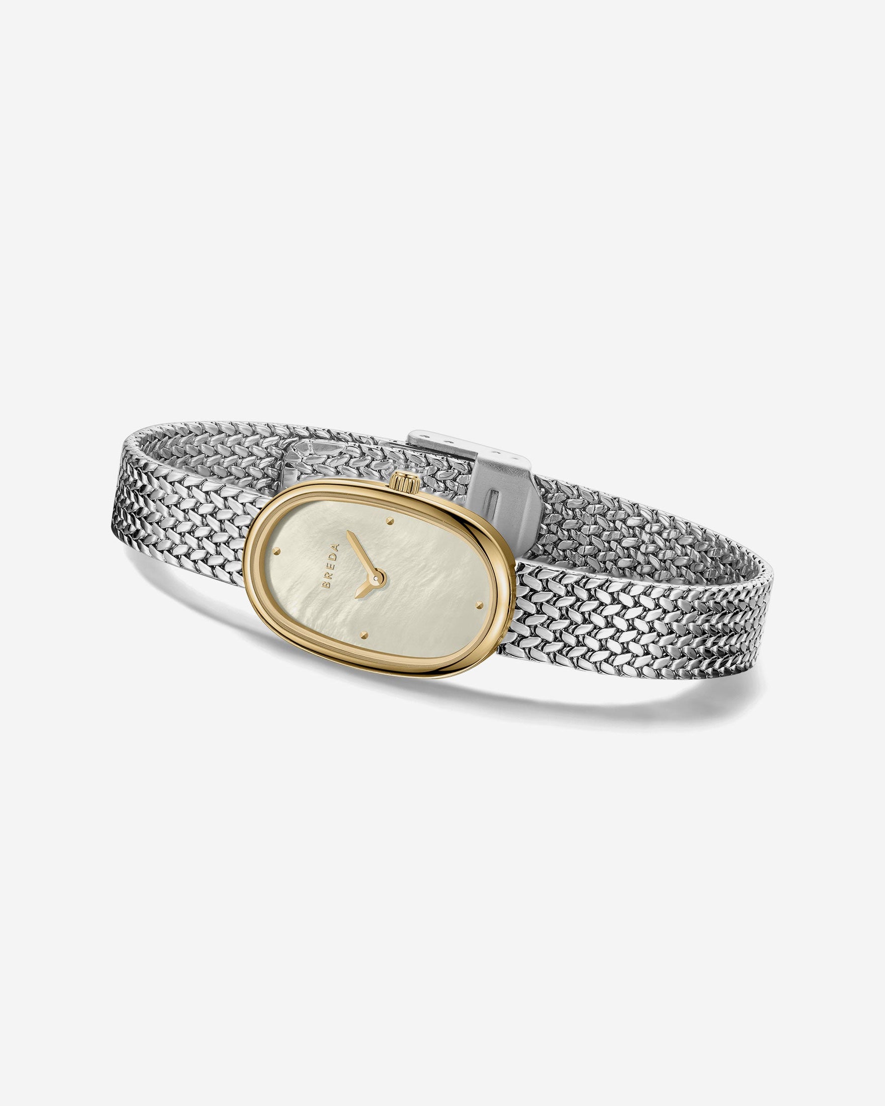 Wristwatch with silver mesh band and gold face on a white background