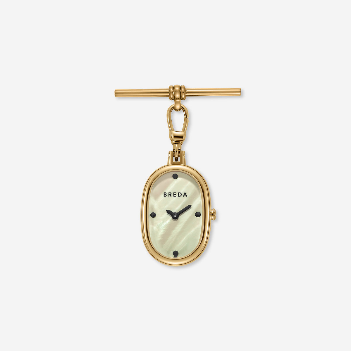 Here’s a rewritten sentence using the provided product data: The Jane Time Charm by BREDA is an oval gold-plated timepiece featuring a mother-of-pearl dial, black hour markers, black hands, and a distinctive gold bar-and-ring clasp at the top, displayed on a plain white background.