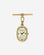 Here’s a rewritten sentence using the provided product data: The Jane Time Charm by BREDA is an oval gold-plated timepiece featuring a mother-of-pearl dial, black hour markers, black hands, and a distinctive gold bar-and-ring clasp at the top, displayed on a plain white background.
