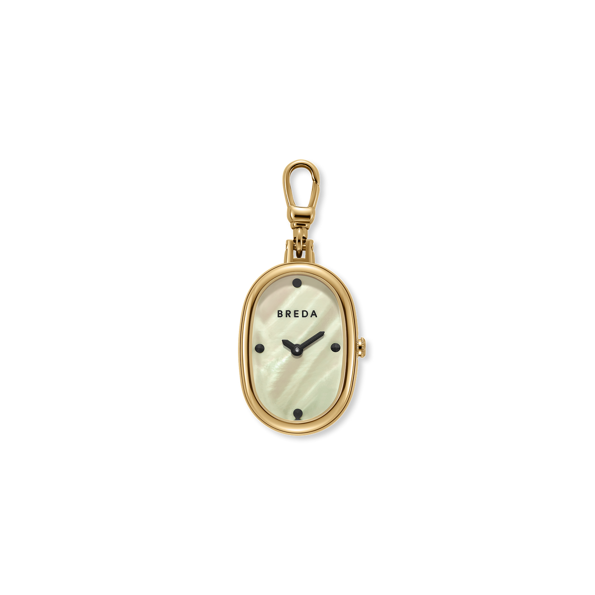 The Jane Time Charm by BREDA is an oval-shaped, gold-plated watch pendant featuring a mother of pearl dial, black hour markers, and a top clasp for easy attachment. Shown against a white background, this versatile accessory from Breda is perfect for any occasion.