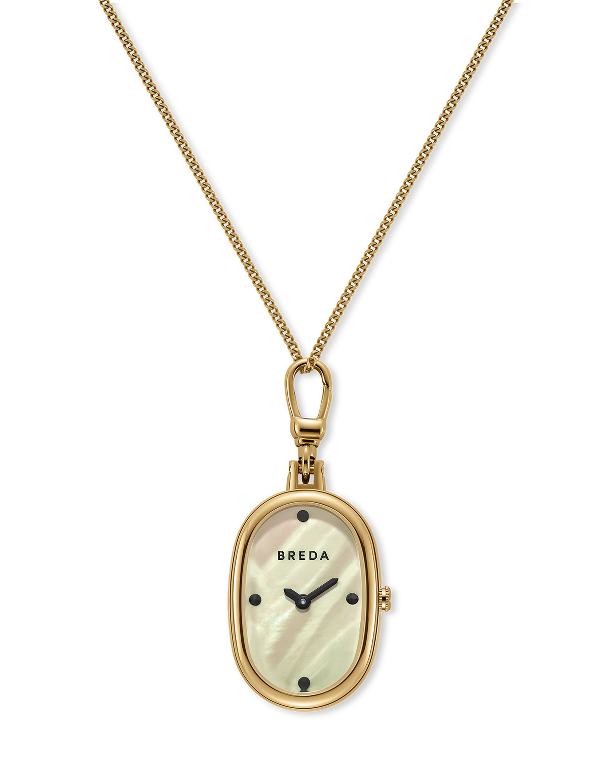 Introducing the Jane Time Charm by BREDA—a gold chain necklace featuring an oval-shaped, gold-bordered watch pendant with a white mother of pearl dial, black hour markers, and the BREDA logo on the face. This beautifully versatile piece effortlessly doubles as a gold-plated timepiece and an elegant accessory.