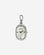 The Jane Time Charm by BREDA is an oval-shaped silver watch pendant featuring a light, textured face reminiscent of mother of pearl, black hour markers, and a sleek silver clasp at the top. This elegant and versatile jewelry piece by Breda is beautifully displayed against a plain white background.