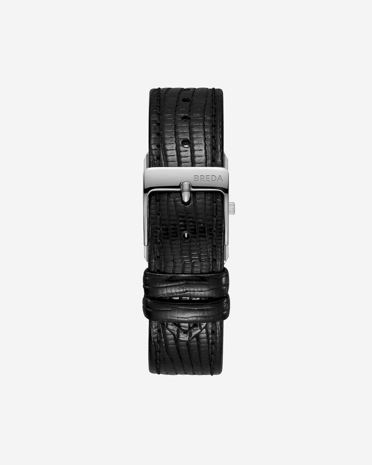 Black lizard-embossed leather Virgil Watch Small (Lizard Embossed) strap by BREDA featuring a silver buckle for a vintage timepiece.