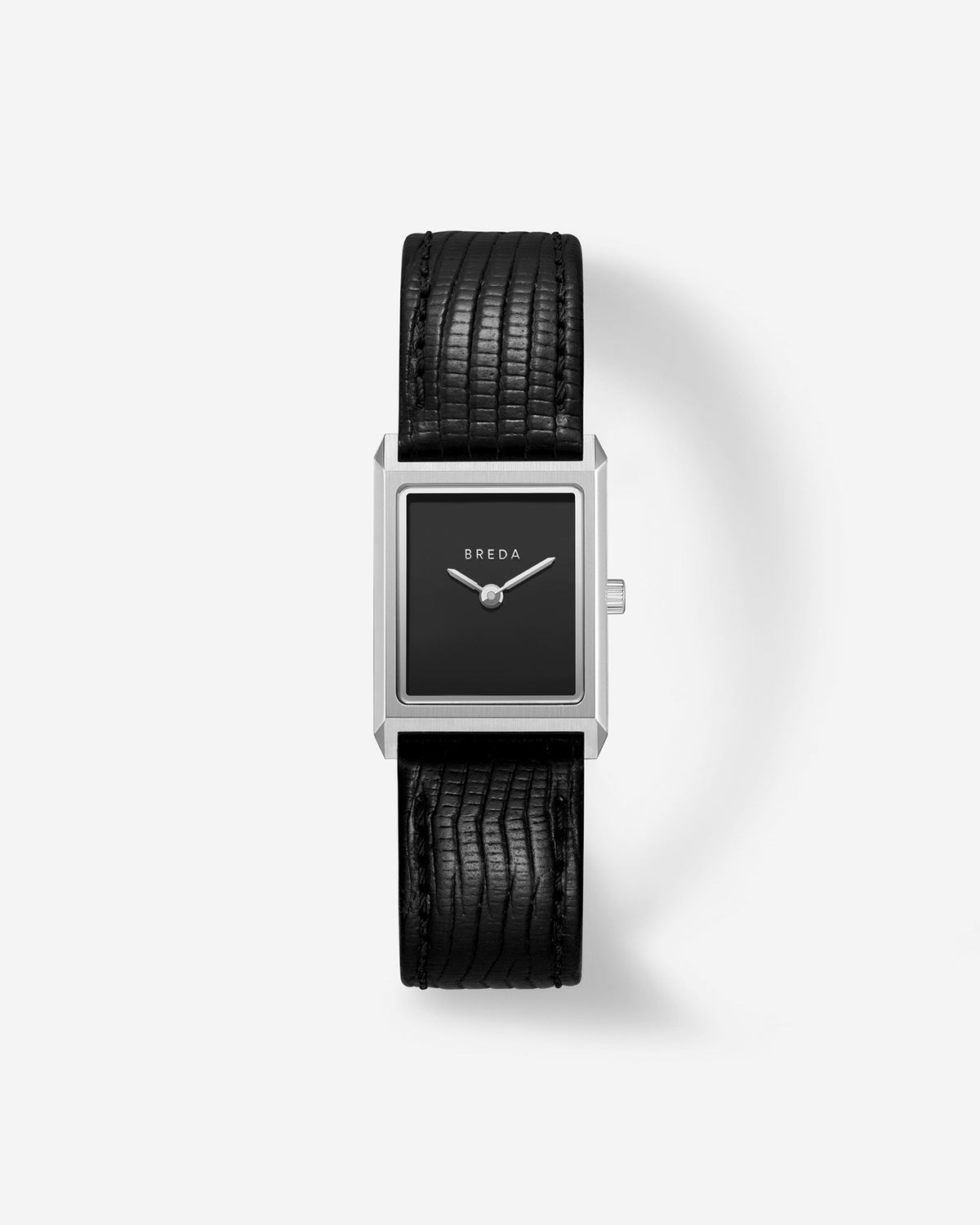 Virgil Watch Small (Lizard Embossed) by BREDA, a vintage stainless steel rectangular watch with a black face and a genuine leather band.