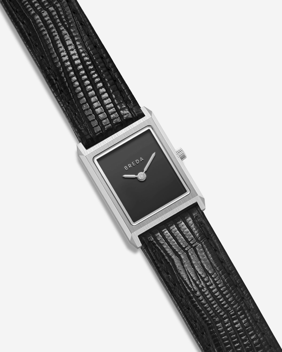 Virgil Watch Small (Lizard Embossed) by BREDA, a stainless steel rectangular watch with a black face and a genuine leather band.