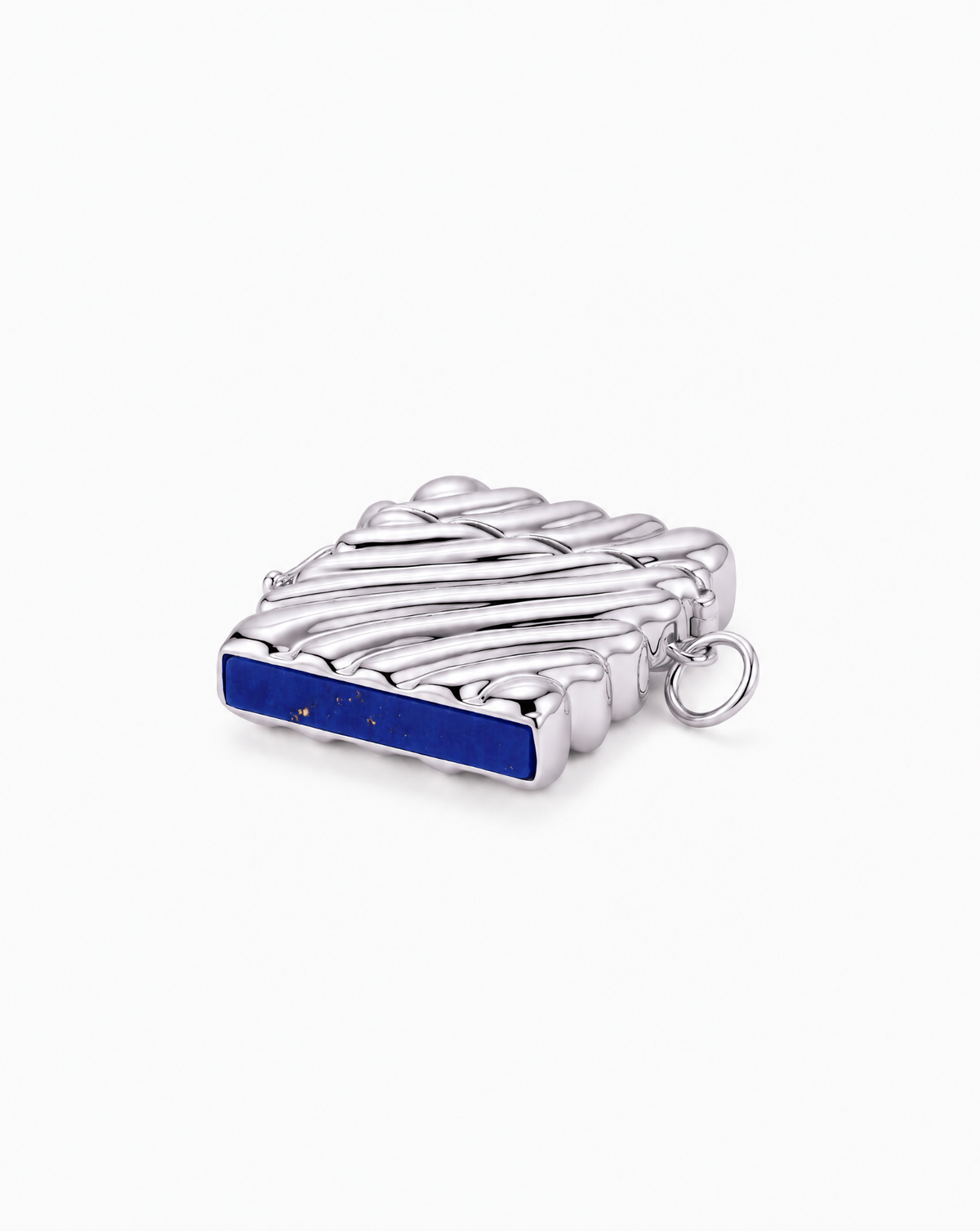 Caspia Vesta Case Charm in silver featuring a textured, wavy top and a rectangular lapis lazuli inlay on the side.