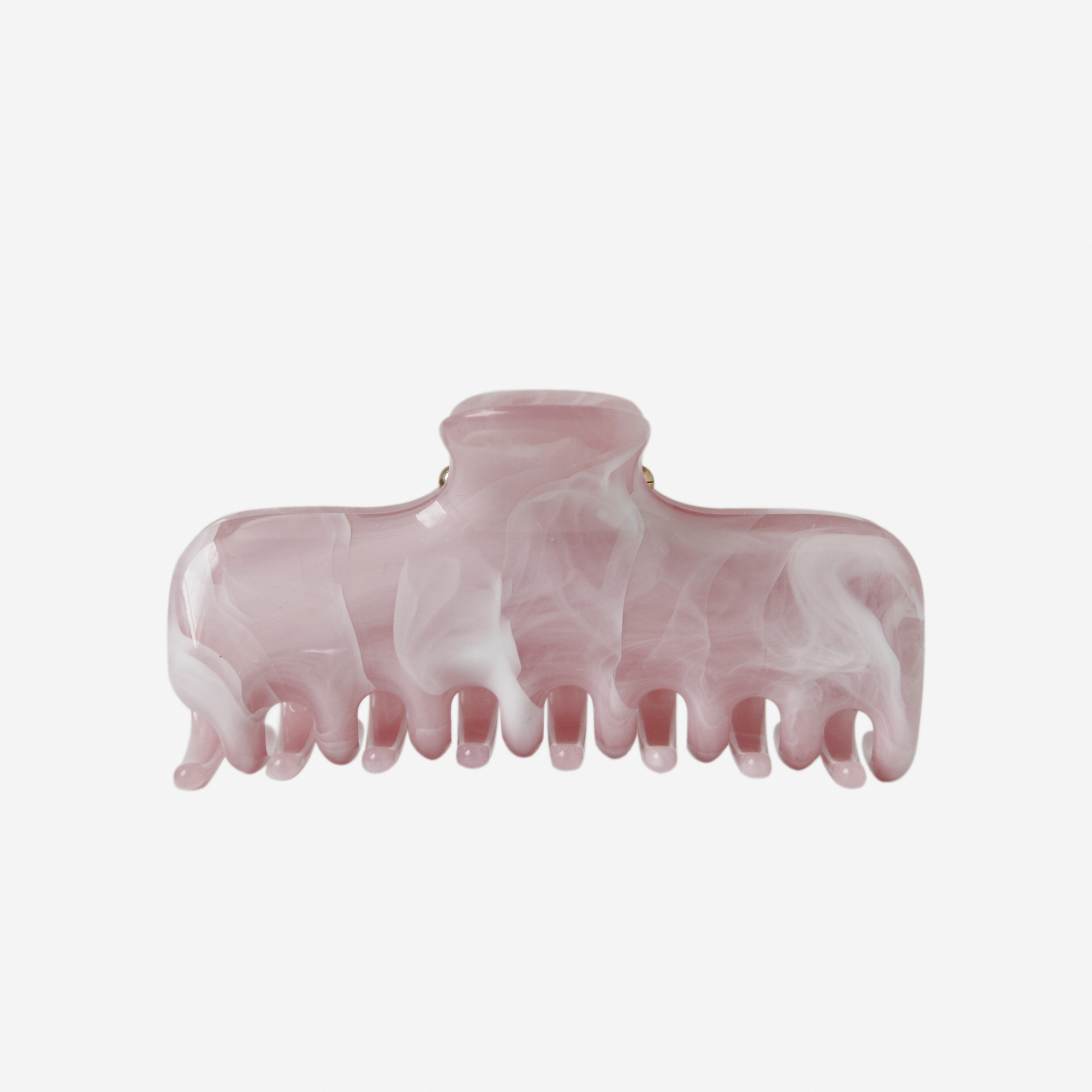 The BRAID & BOW Large Pink Swirl Hair Claw features elegant white swirl patterns on a powder pink marbled design, shown against a plain white background. Perfect as a stylish hair clip for long hair.