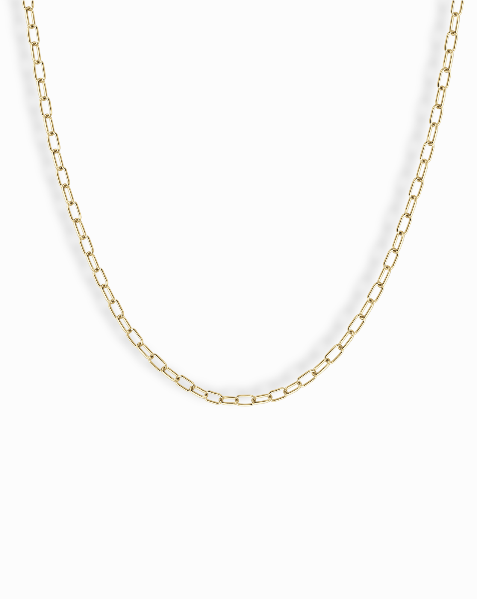The Mod + Jo Darcy Mini Paperclip Chain Necklace features small, rectangular gold plated links and is displayed against a plain white background.