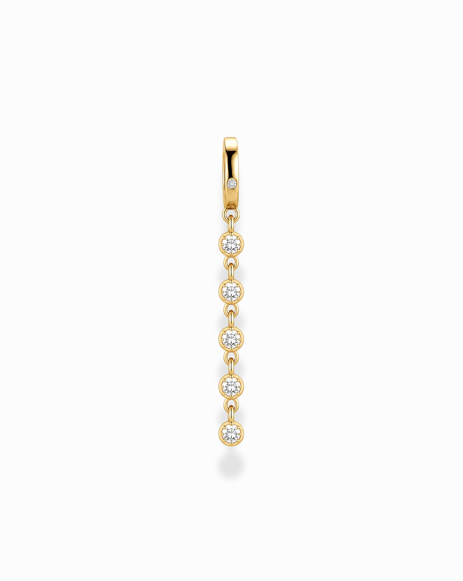 The Demi Tennis Charm by Mod + Jo features six round, vertically aligned cubic zirconia charms, each connected by delicate 14k gold-plated links, beautifully displayed on a white background.