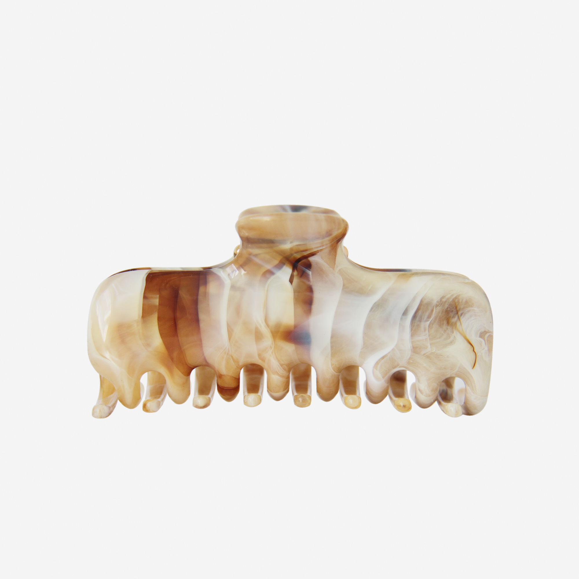 The BRAID &amp; BOW Large Caramel Swirl Hair Claw, featuring wide teeth and a marbled caramel design, is displayed against a plain white background and offers a secure hold for all hair types.