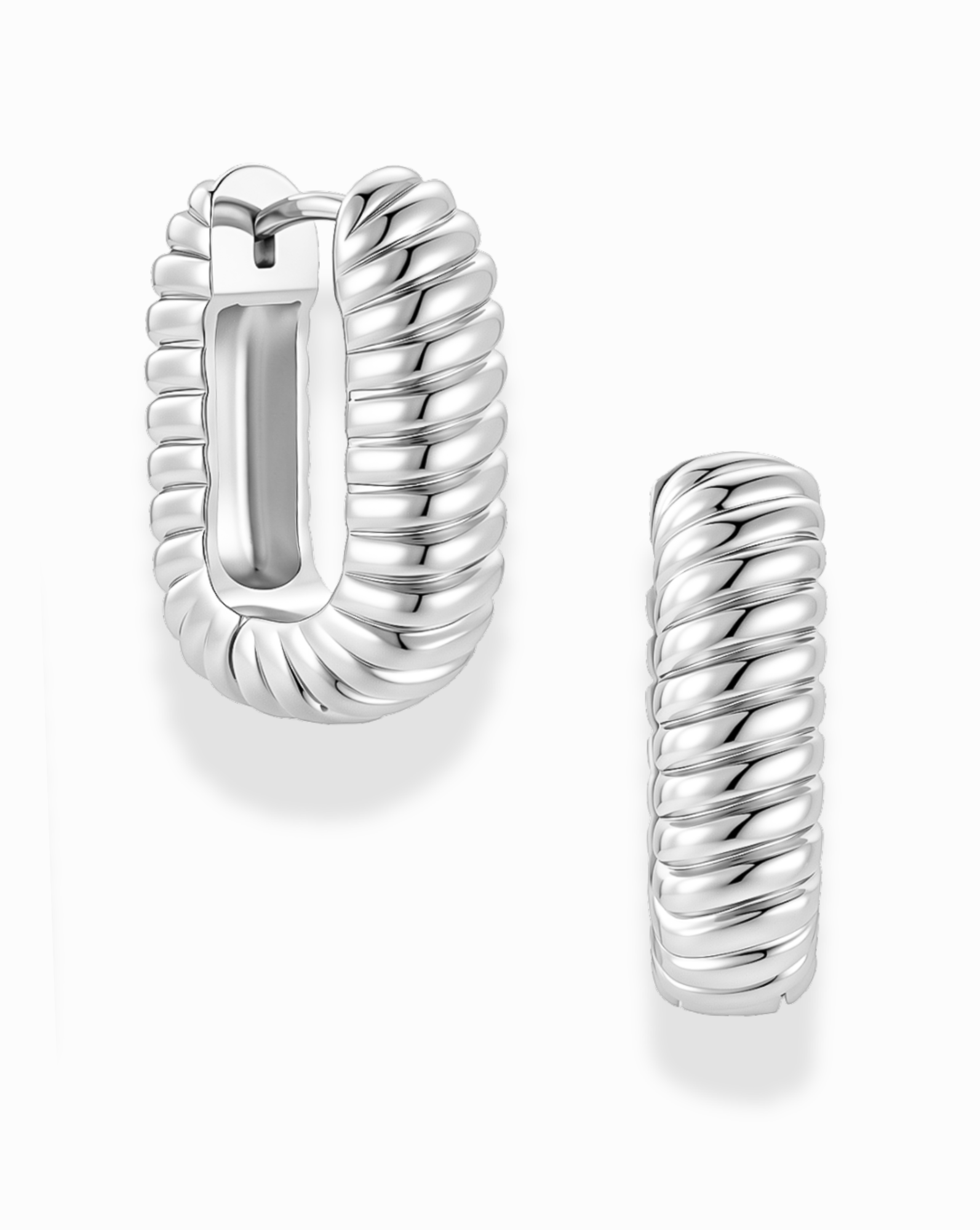 Introducing the Elly French Rope Hoops by Mod + Jo: two silver, rectangular hoop earrings featuring a twisted, ribbed design inspired by classic French rope styles. The product image displays one earring facing forward and the other in profile, showcasing their textured surface and secure clasp mechanism.