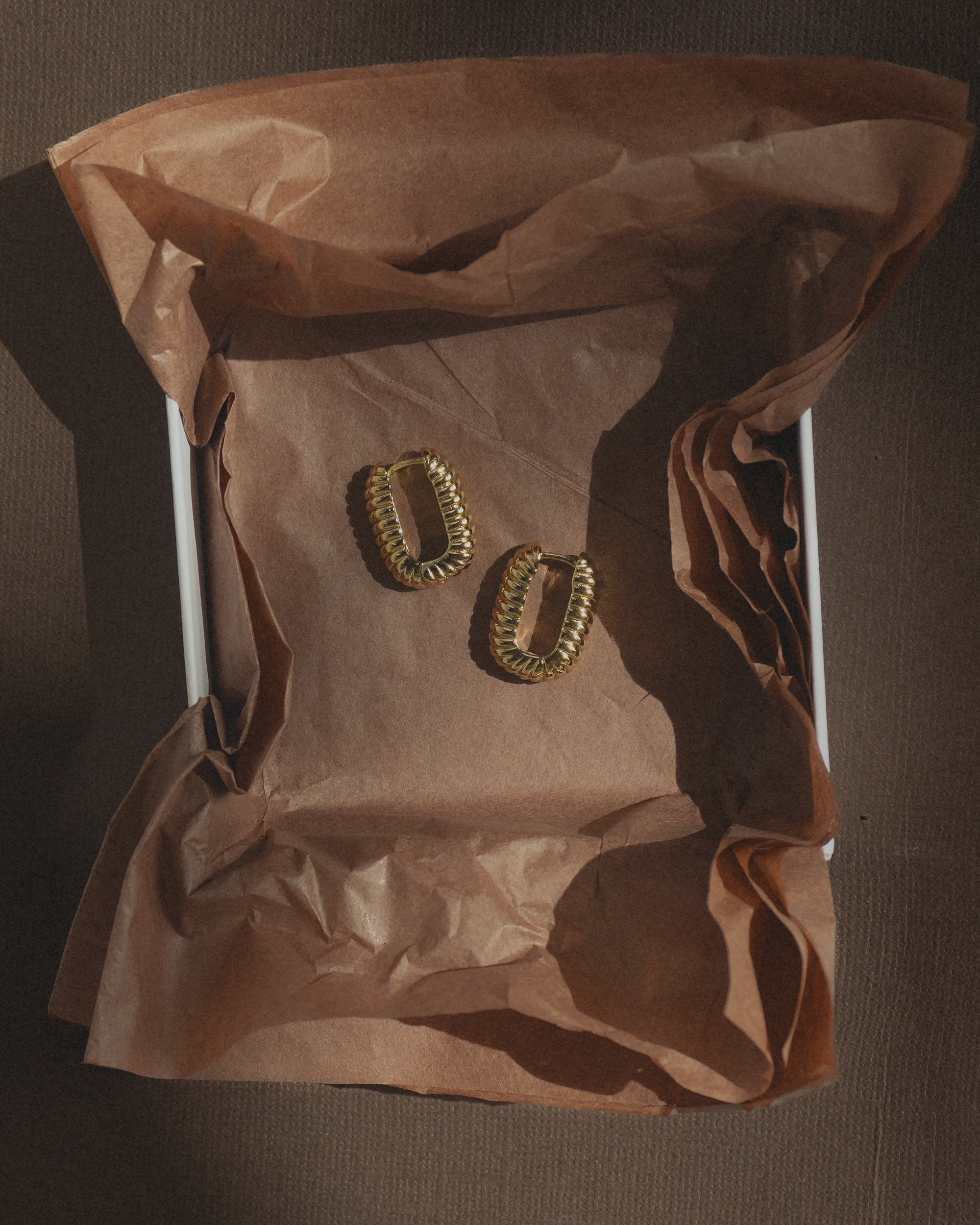 A pair of Elly French Rope Hoops by Mod + Jo rests on brown crumpled tissue paper inside a white box, set atop a brown surface with play of light and shadow, offering a chic alternative to classic gold hoop earrings.