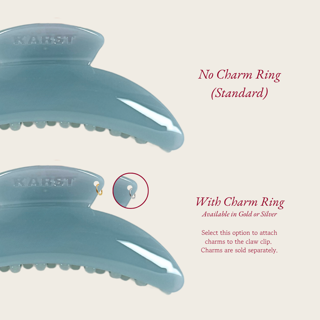 Image showing two olive Slim Hair Claw Clips by Karst Essentials. The top is No Charm Ring (Standard); the bottom is With Charm Ring, which has a ring for attaching charms to style thicker hair. Charms sold separately.