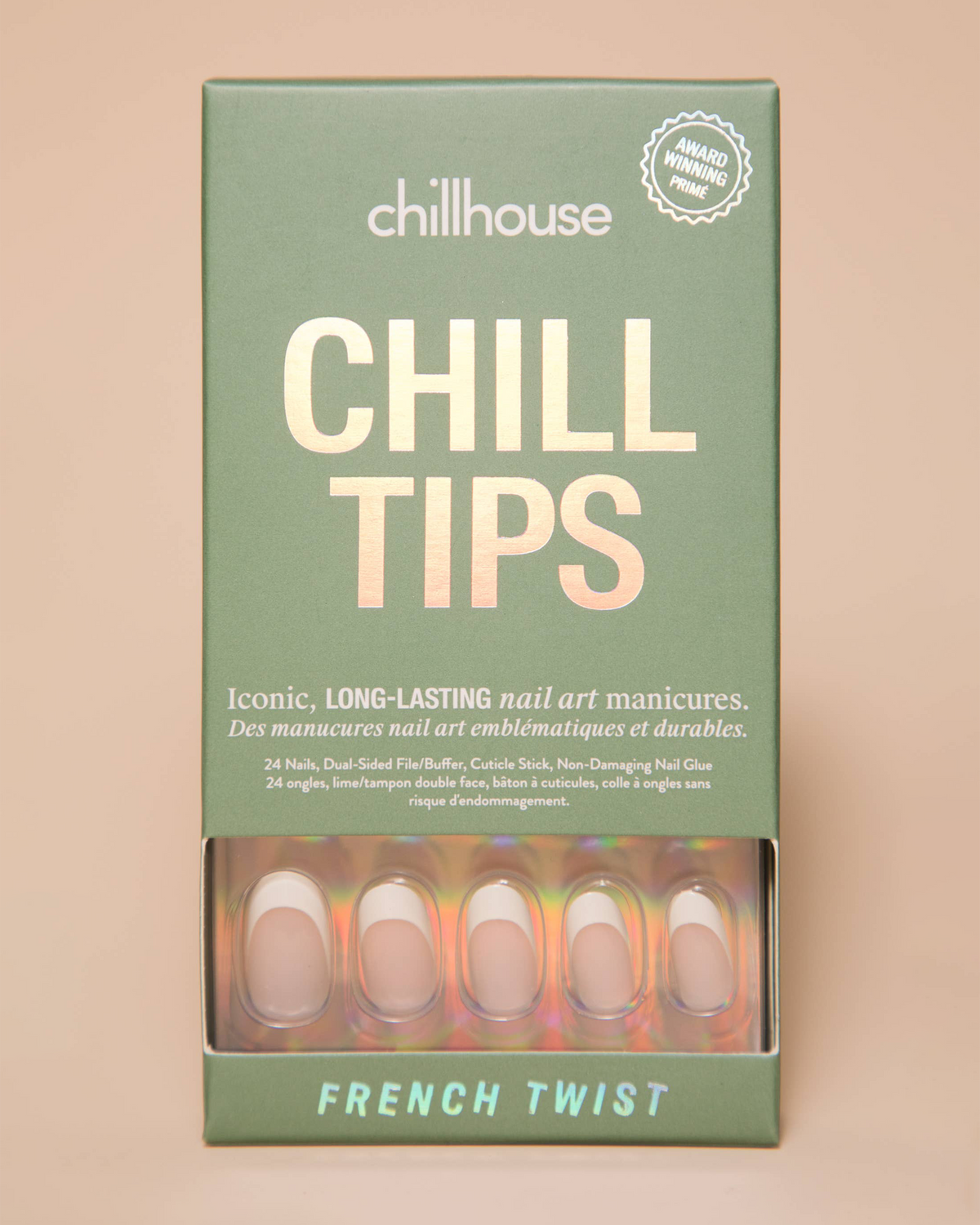 A green box labeled Chill Tips by Chill House contains reusable press-on nails, visible through a window. The French Twist set offers salon-quality, long-lasting manicures with iconic iridescent designs.