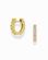 The Harlow Reversible Birthstone Huggies by Mod + Jo are small 18k gold plated hoops, each featuring a row of round sparkling gemstones; one is shown from the side, the other from the front on a white background.