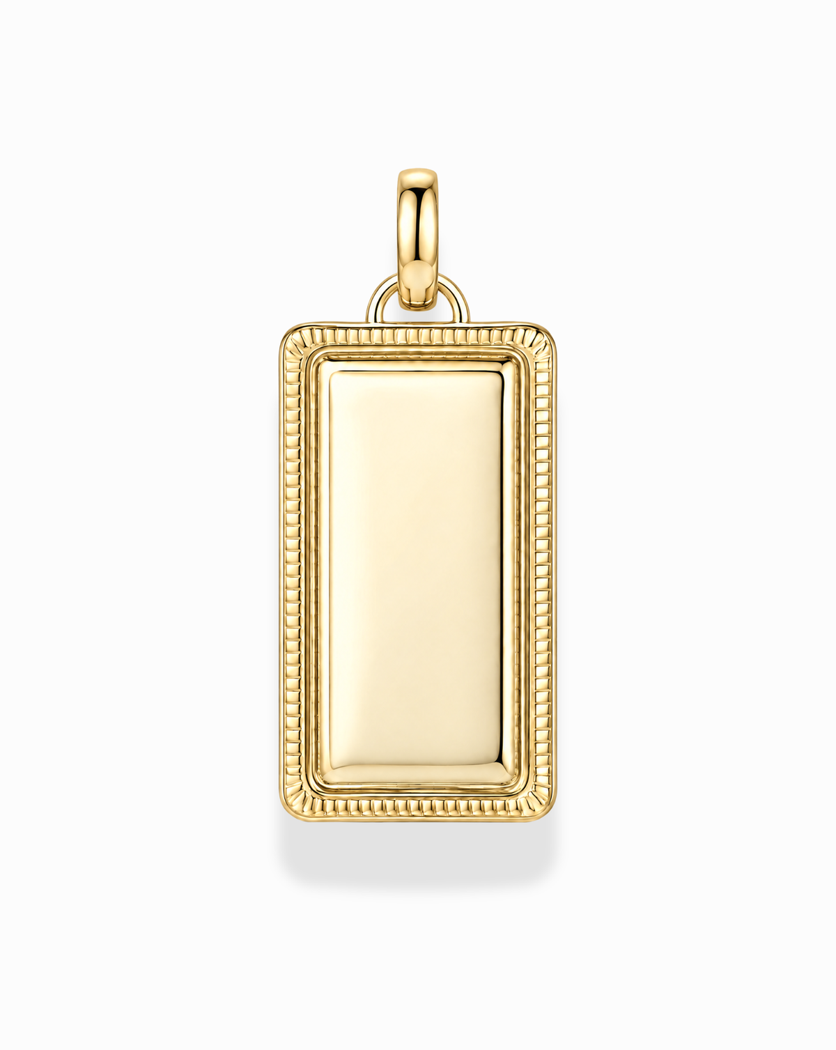 Gold Hattie Engravable Charm, a rectangular tablet pendant with a beaded border and a top bail.
