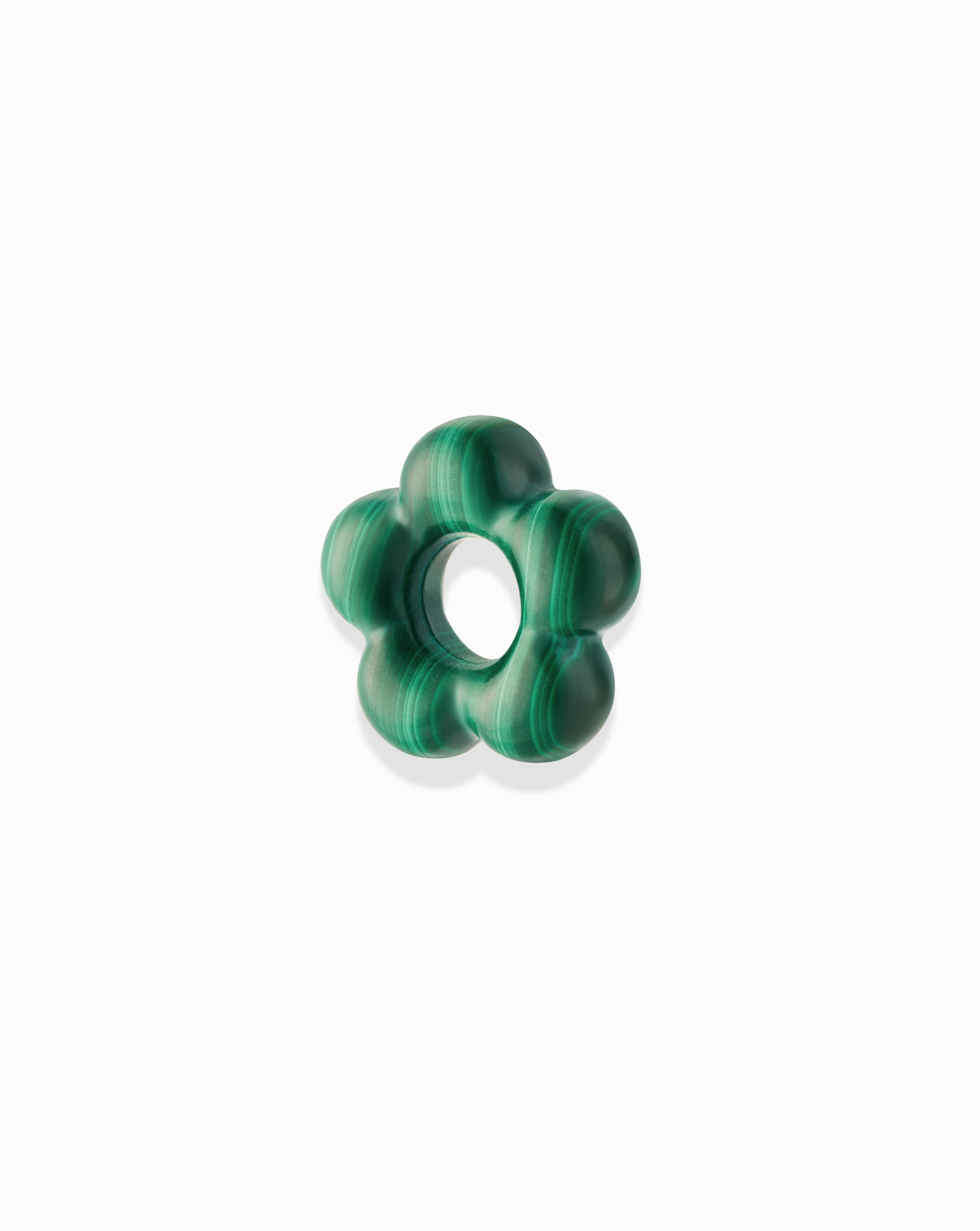 The Mod + Jo Juno Flower Gemstone Spacer is a green, flower-shaped polished genuine gemstone with a circular center hole and smooth striped petals—perfect for customizable drop earrings, shown on a white background.