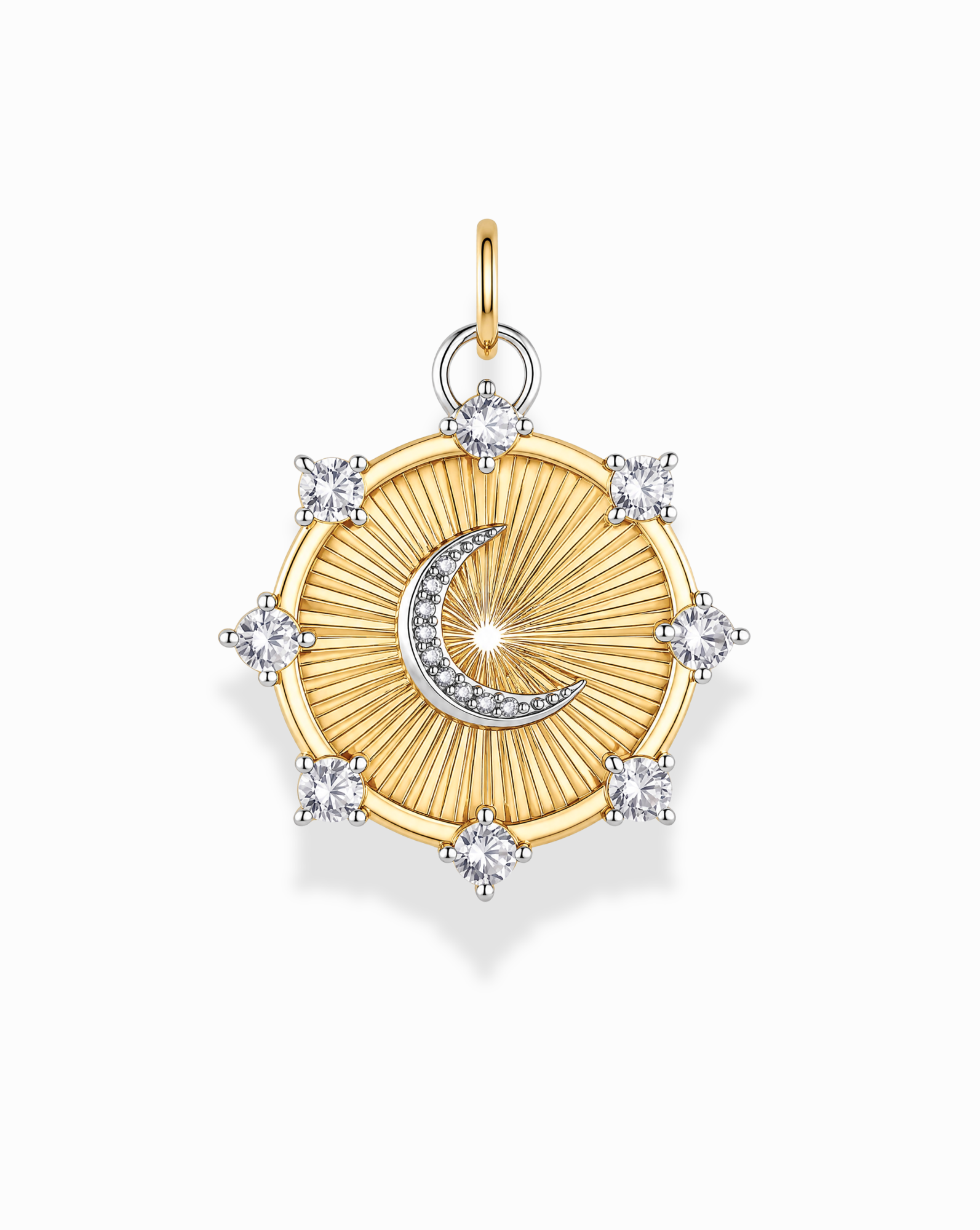 Discover celestial jewelry at its finest with the Lyra Moon Charm by Mod + Jo. This gold pendant features a radiant sunburst design, elegantly highlighted by a graceful moon charm and shimmering diamond accents. Eight sparkling diamonds adorn the edges, while a small loop at the top makes it easy to attach to your favorite chain.