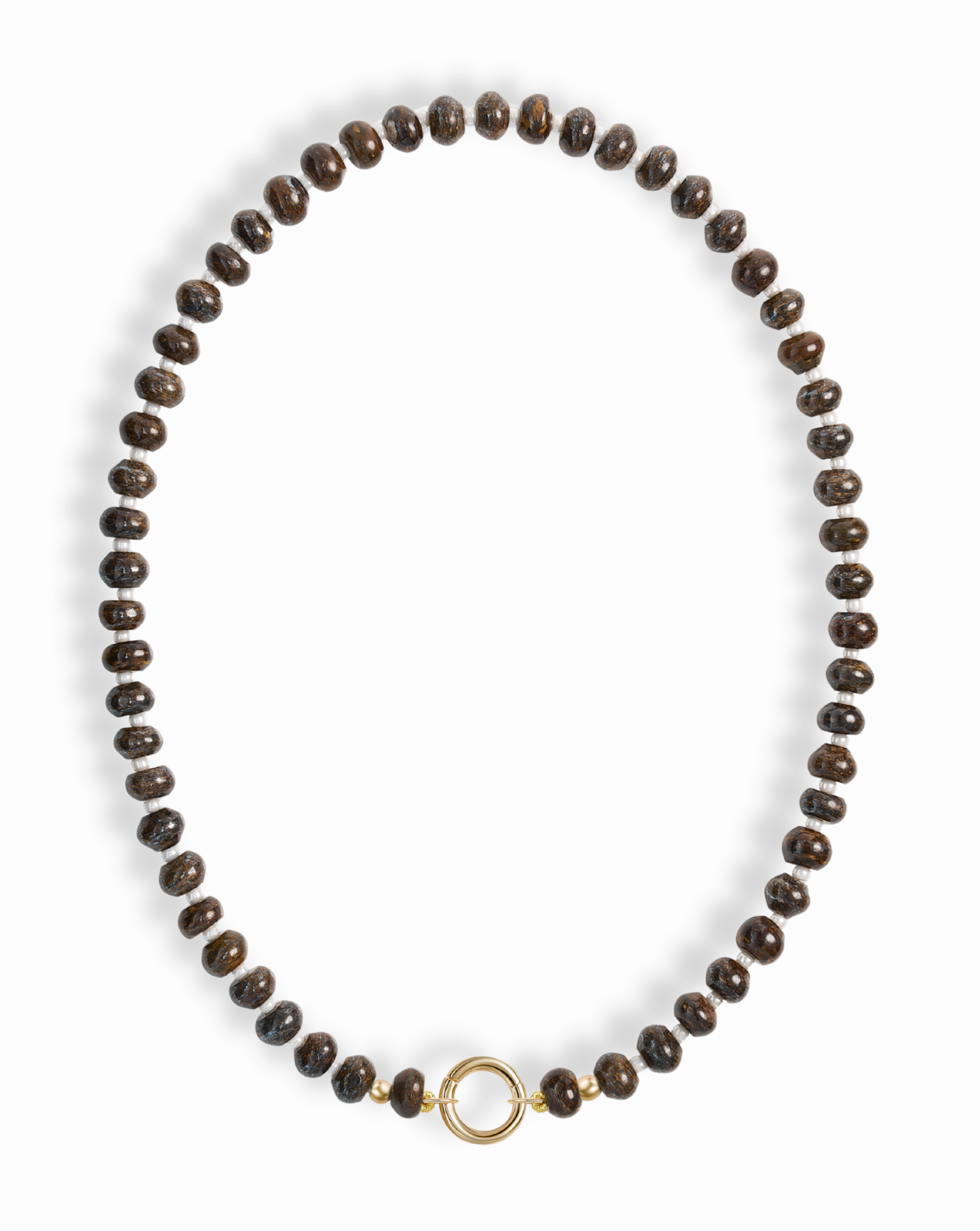 The Macey Gemstone Necklace by Mod + Jo features evenly spaced dark brown round beads and a simple 14k gold-plated circular clasp at the center, displayed on a white background.