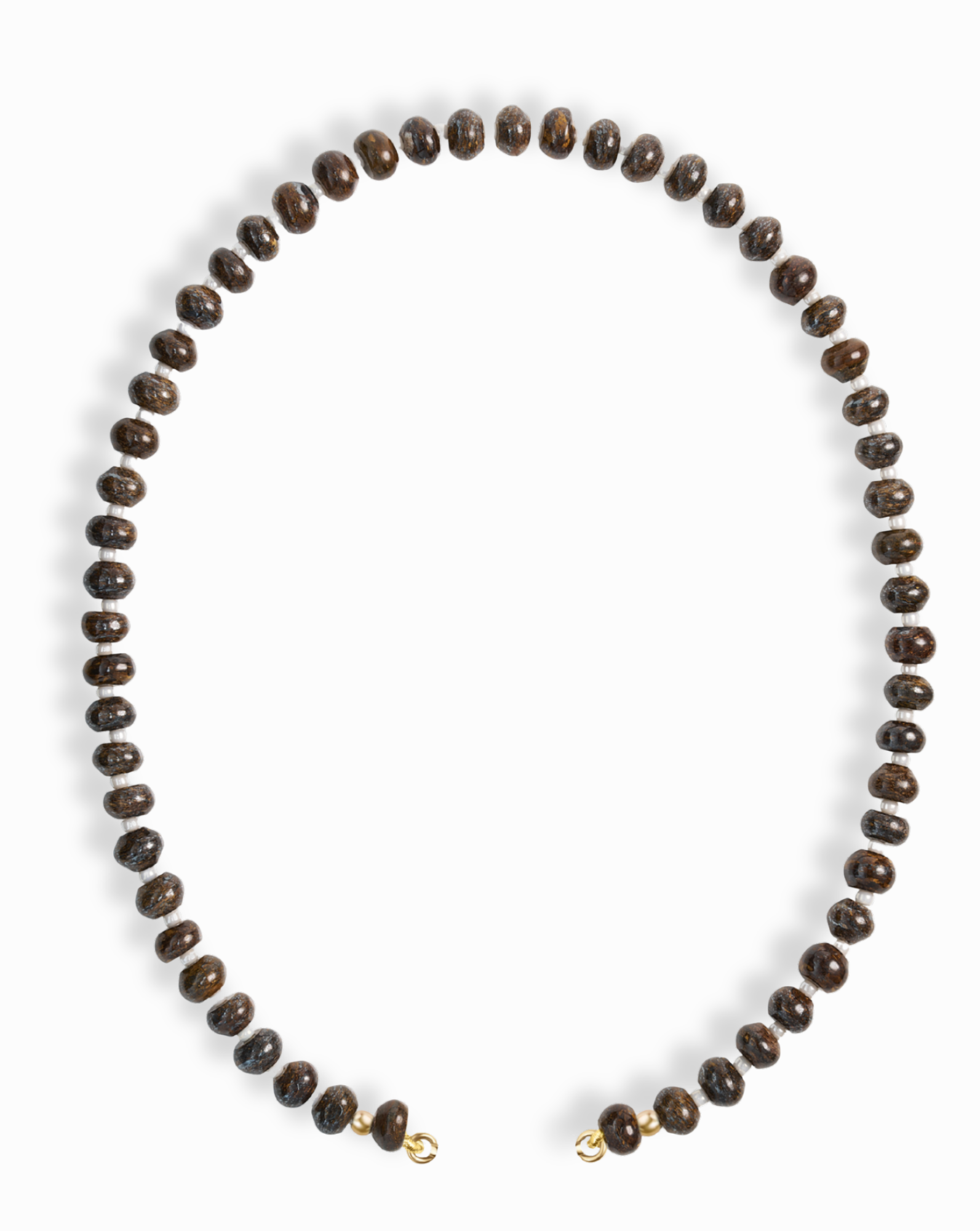 The Macey Gemstone Necklace by Mod + Jo features round dark brown beads arranged in a circle and finished with elegant 14k gold-plated clasps, shown on a white background.