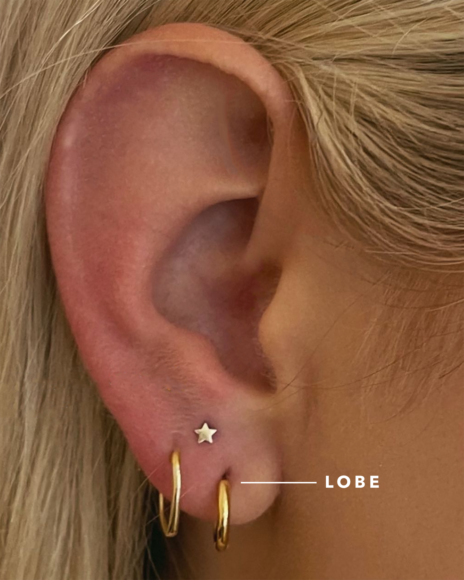 Close-up of an ear with gold hoop earrings and a star-shaped earring, labeled 'lobe'.