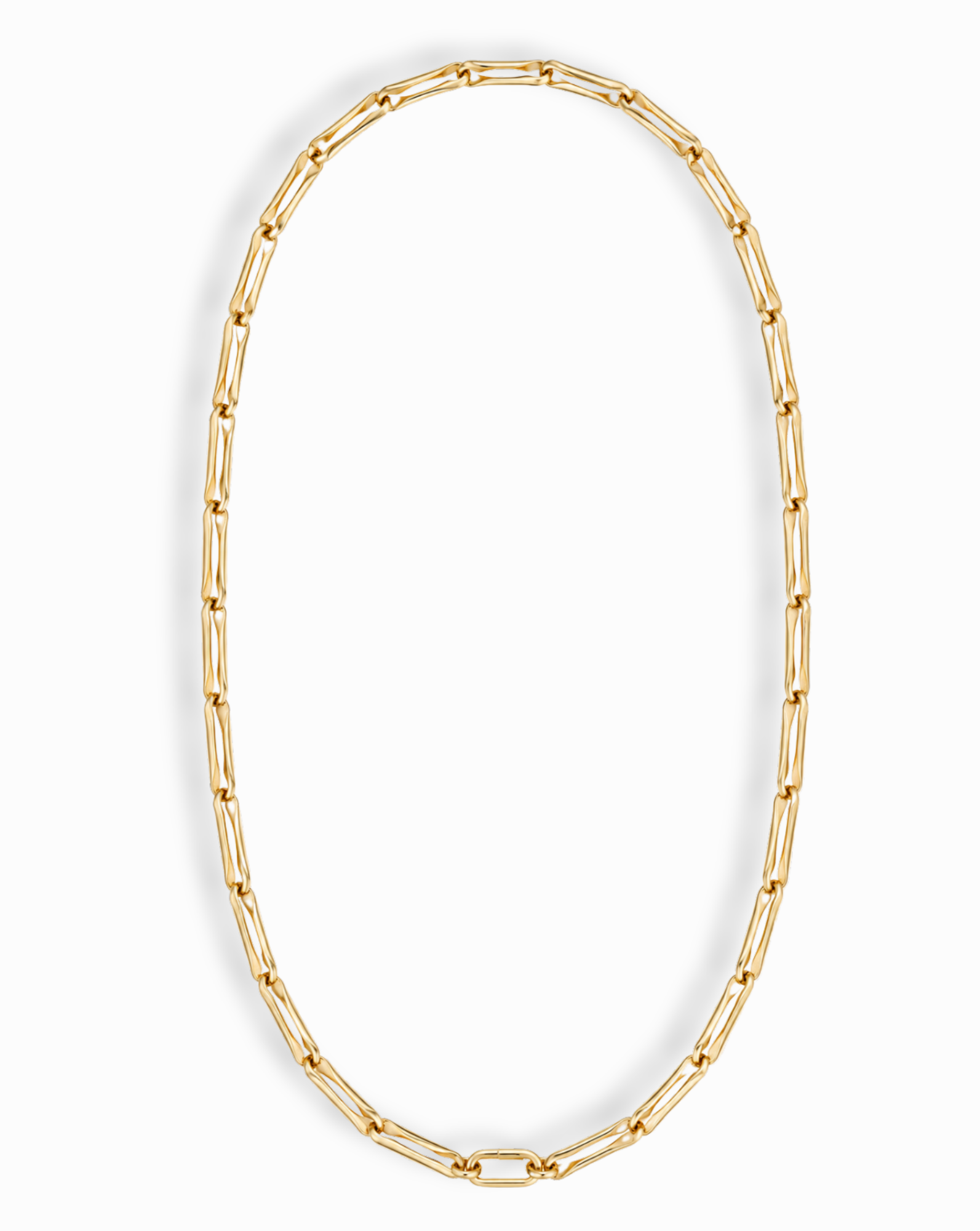 The Molly Elongated Link Chain Necklace by Mod + Jo showcases gold-plated, elongated rectangular links arranged in an oval shape on a white background, making it the perfect everyday necklace.