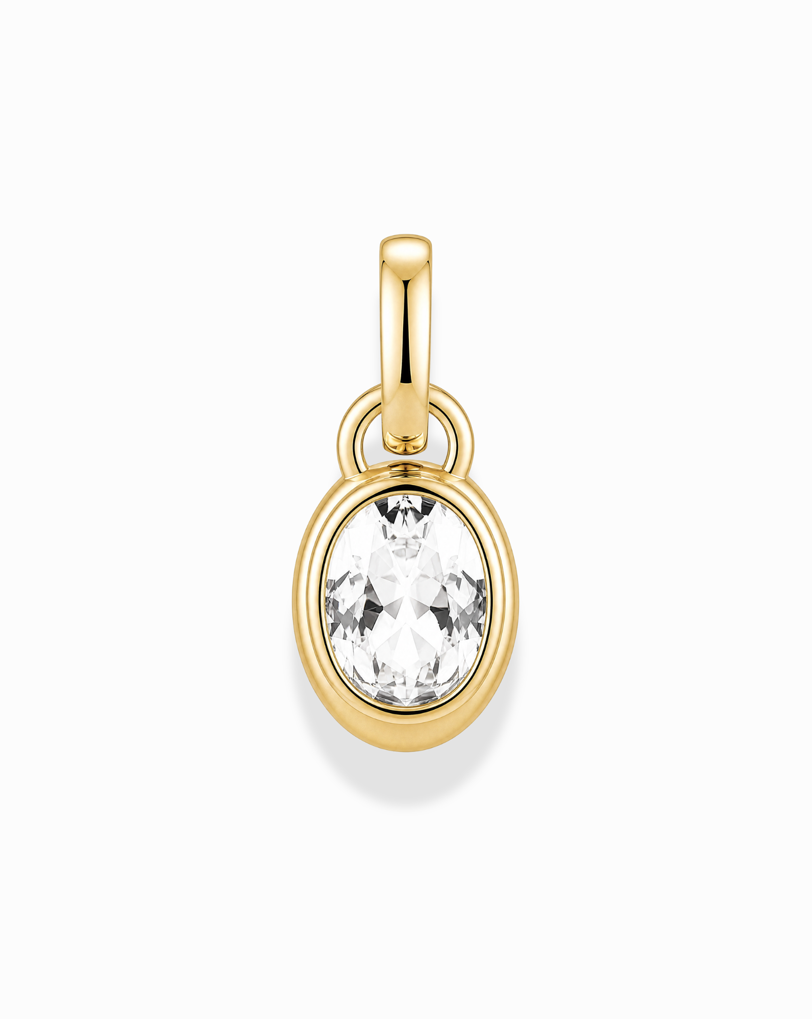 The *Preorder* Olly Sapphire Bezel Charm by Mod + Jo features a round, faceted lab-grown white sapphire in a 14k gold bezel setting with a top loop for chains, shown on a white background.