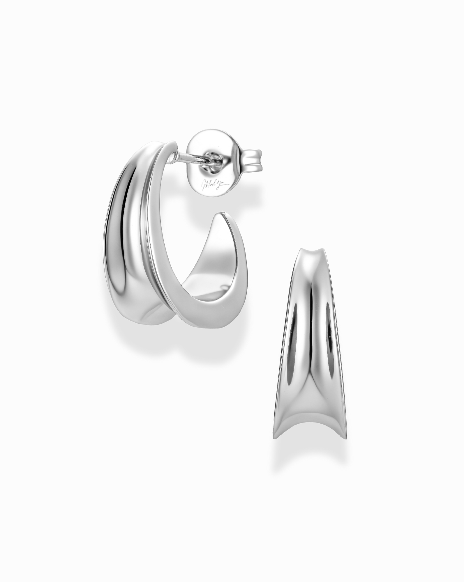 Gold inverted knife edge hoop earrings on a white background