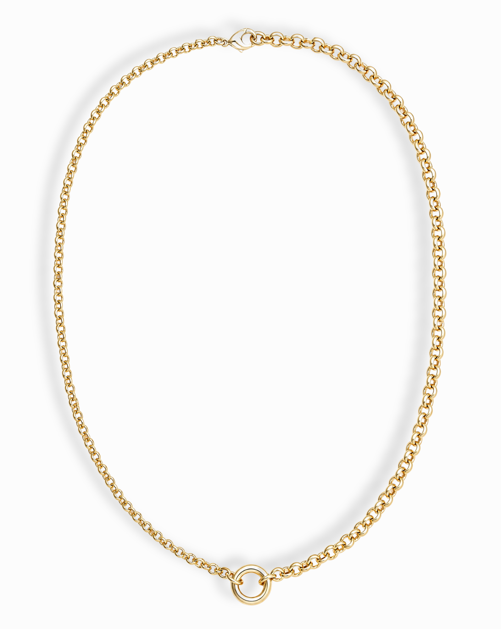 The Nessa Charm Clip Necklace by Mod + Jo is a 14k gold plated piece with interlocking links and a single round loop pendant at the center, shown against a white background.