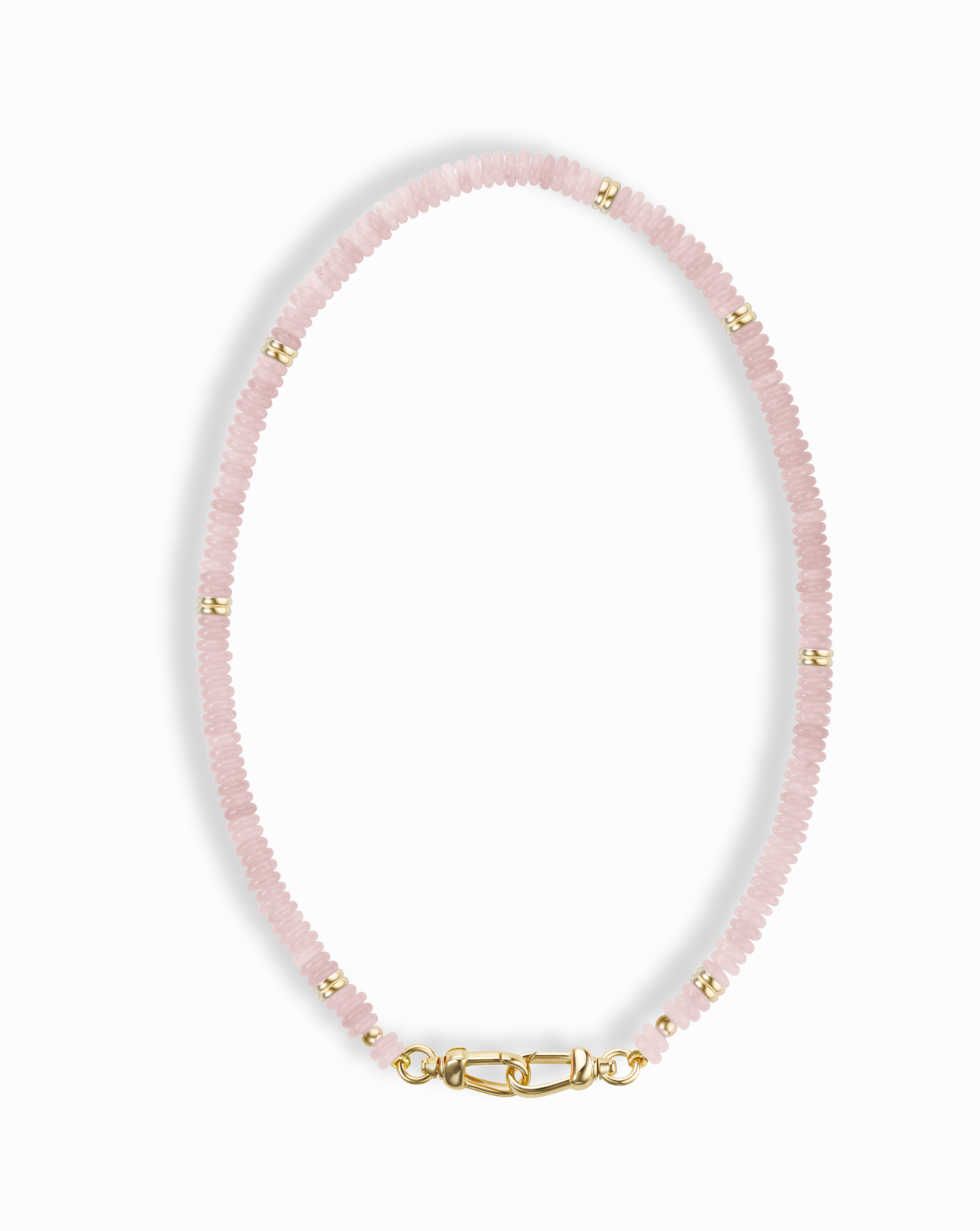 The Mod + Jo Sonia Gemstone Necklace features small, round, pale pink genuine gemstone beads with spaced gold accents and a gold lobster clasp.