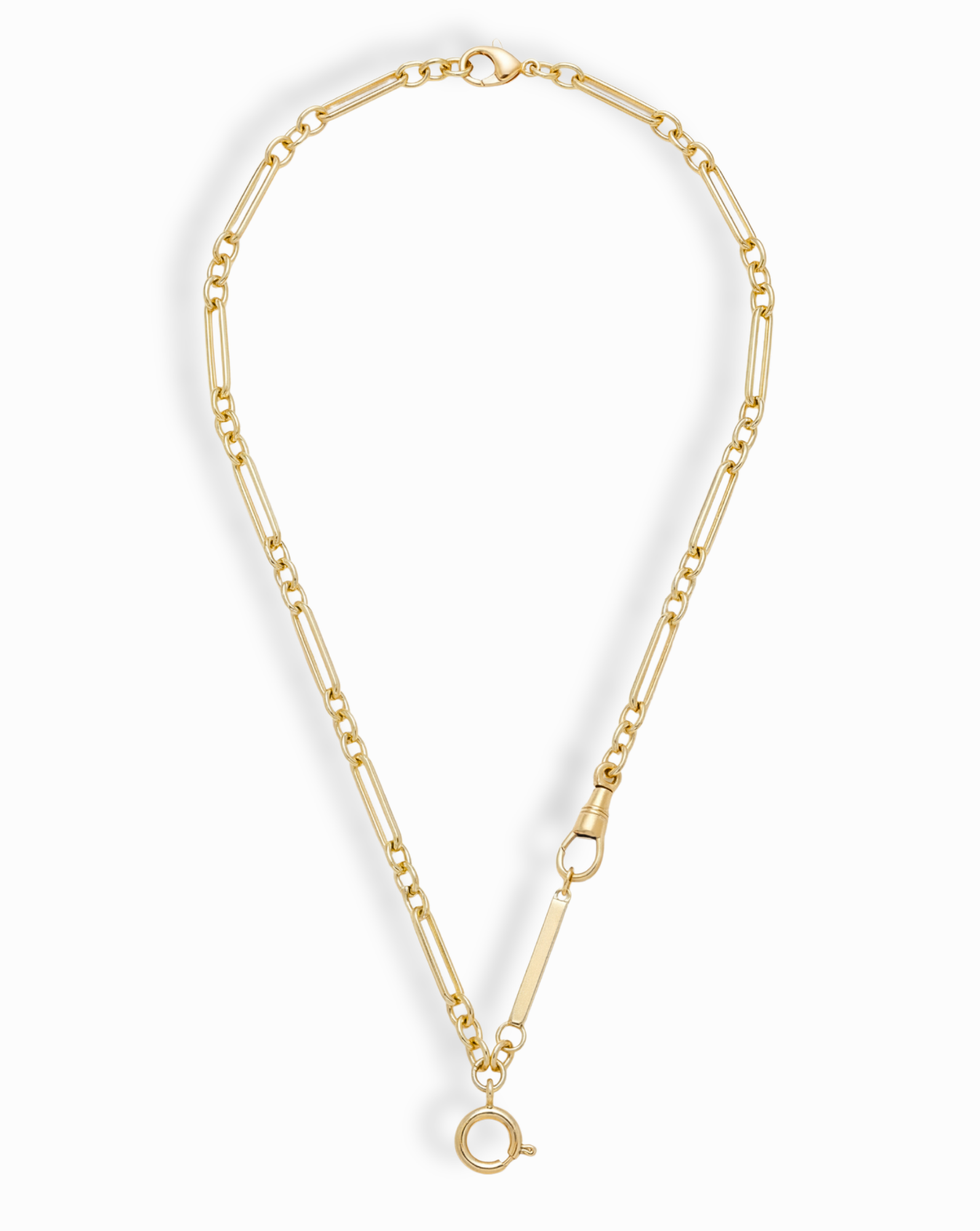 The *Preorder* Liam Space Bar Chain Necklace by Mod + Jo features 14k plated elongated oval and round links with a large circular clasp and bar detail, ideal as a charm spacer necklace, shown on a white background.