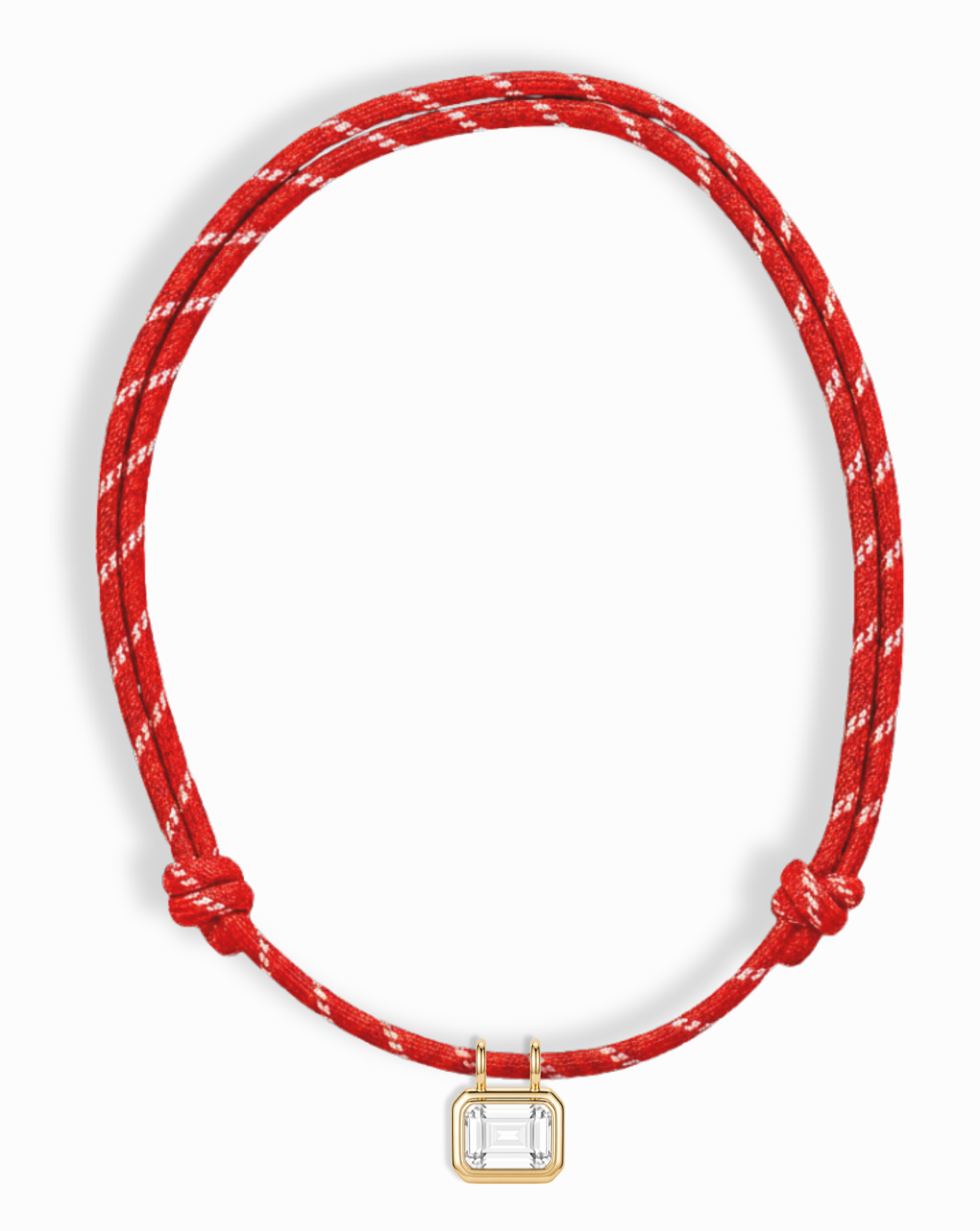 The Mod + Jo *Preorder* Tommy Sapphire Pendant Necklace is a red and white adjustable paracord style with a rectangular gold-framed clear pendant at the center.