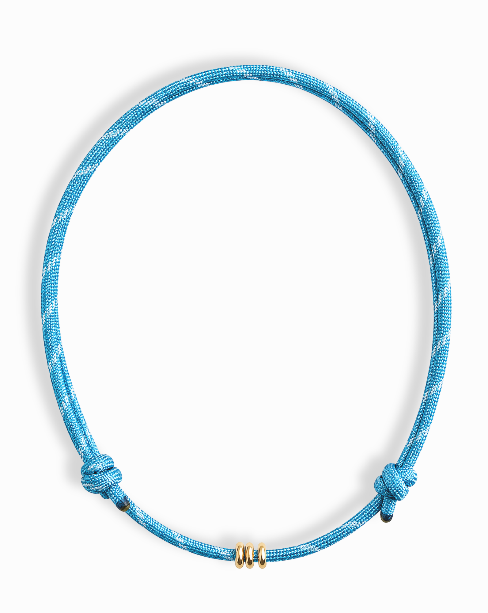 The *Preorder* Tommy Cord Necklace by Mod + Jo features blue paracord with gold-plated spacers and simple knots on each side, shown against a white background.