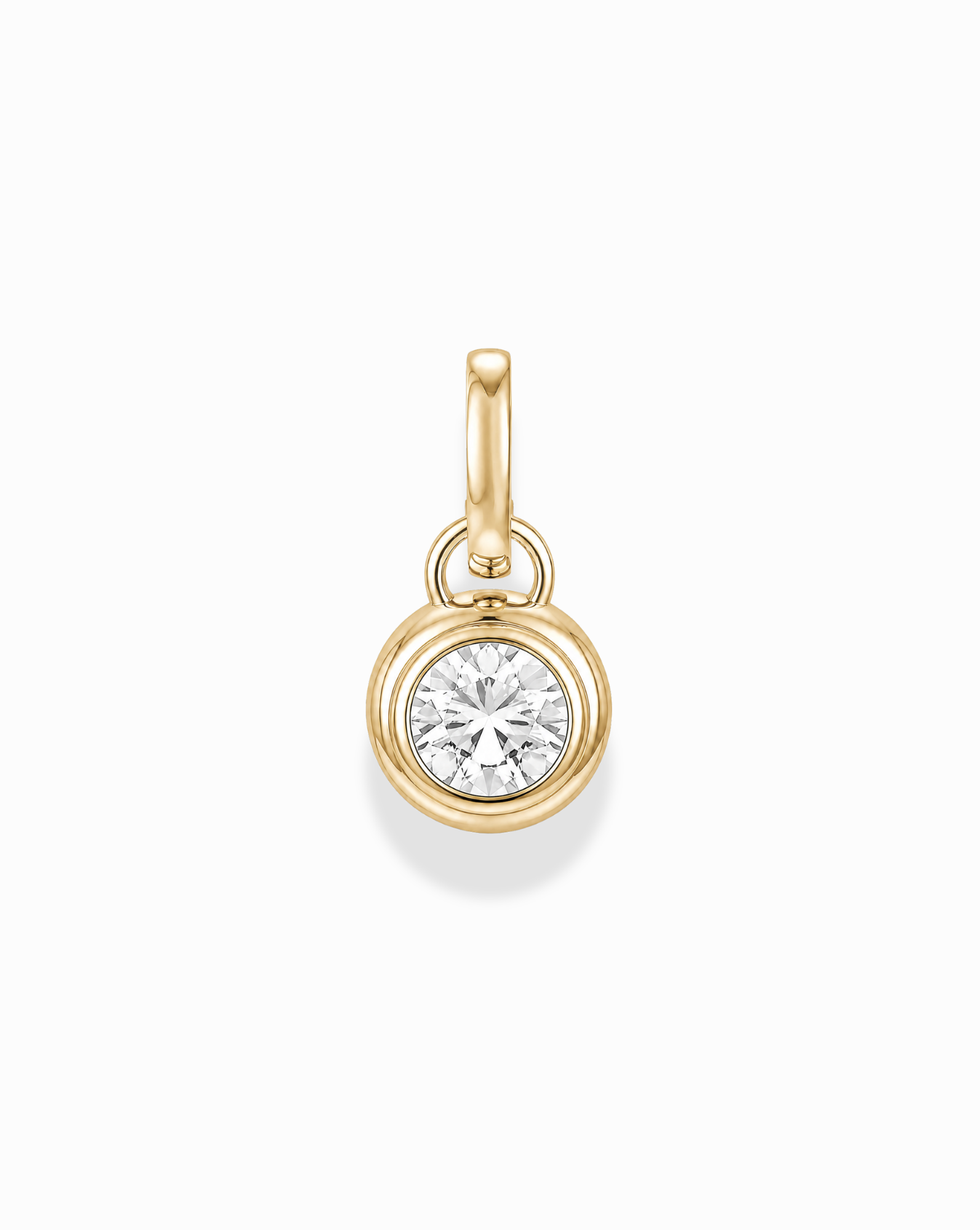 The *Preorder* Tove Sapphire Bezel Charm by Mod + Jo is a 14k gold pendant with a single round lab-grown sapphire in a bezel setting and a small loop for necklaces, shown on a plain white background.