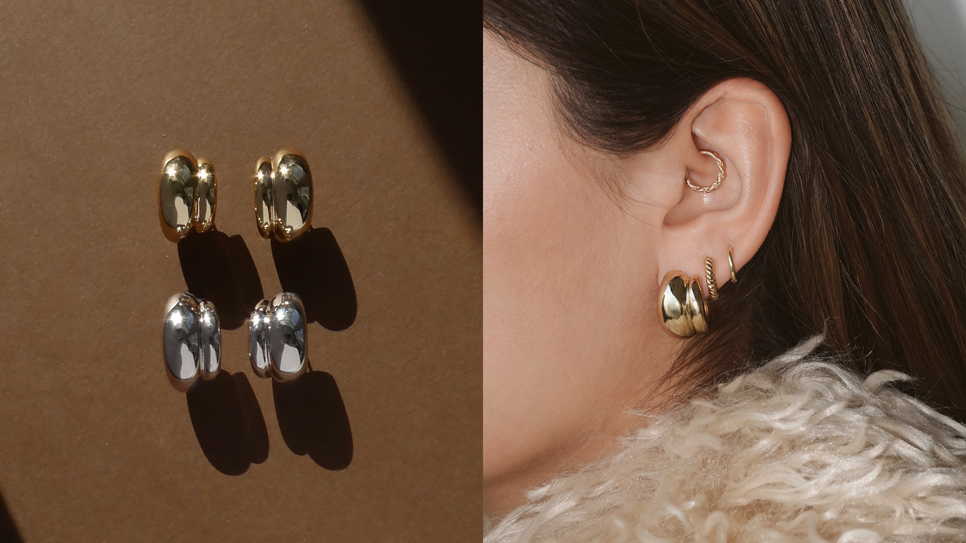 Four pairs of chunky gold and silver earrings on a brown surface (left); a close-up of a woman’s ear wearing gold earrings and an ear cuff, with brown hair and a faux fur collar (right).