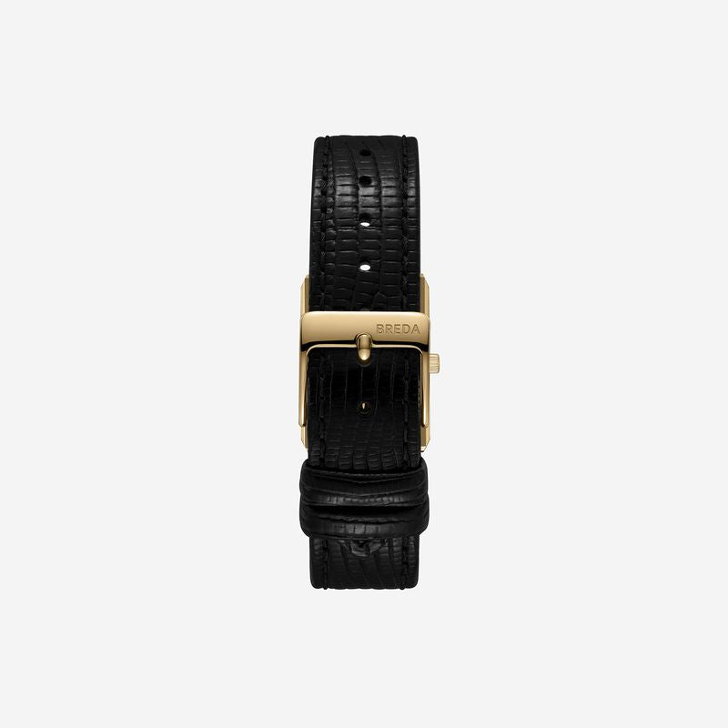 The Virgil Watch Small (Lizard Embossed) by Breda features a black lizard-embossed leather strap with a gold BREDA-engraved buckle, shown from above on a plain, light background for a vintage-inspired look.